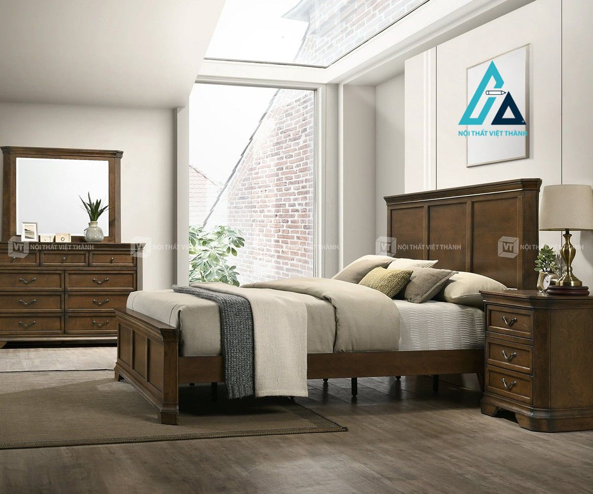 Combo nội thất phòng ngủ 4 món gỗ màu óc chó cổ điển