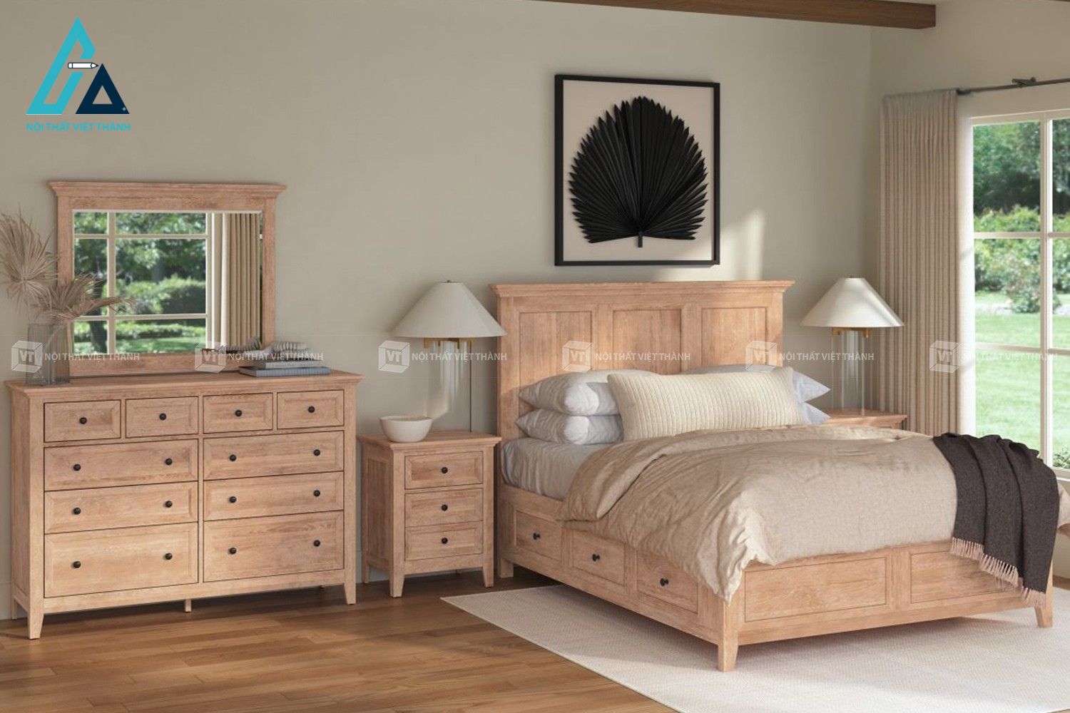 Combo nội thất phòng ngủ gỗ tự nhiên 5 món phong cách hiện đại