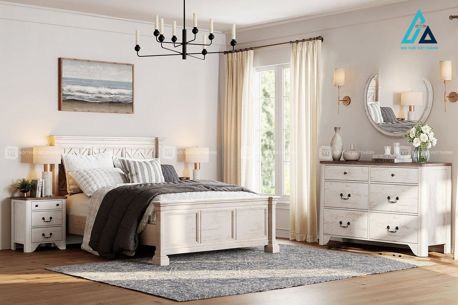 Combo nội thất phòng ngủ gồm tủ 6 ngăn kéo và 2 tủ đầu giường 4