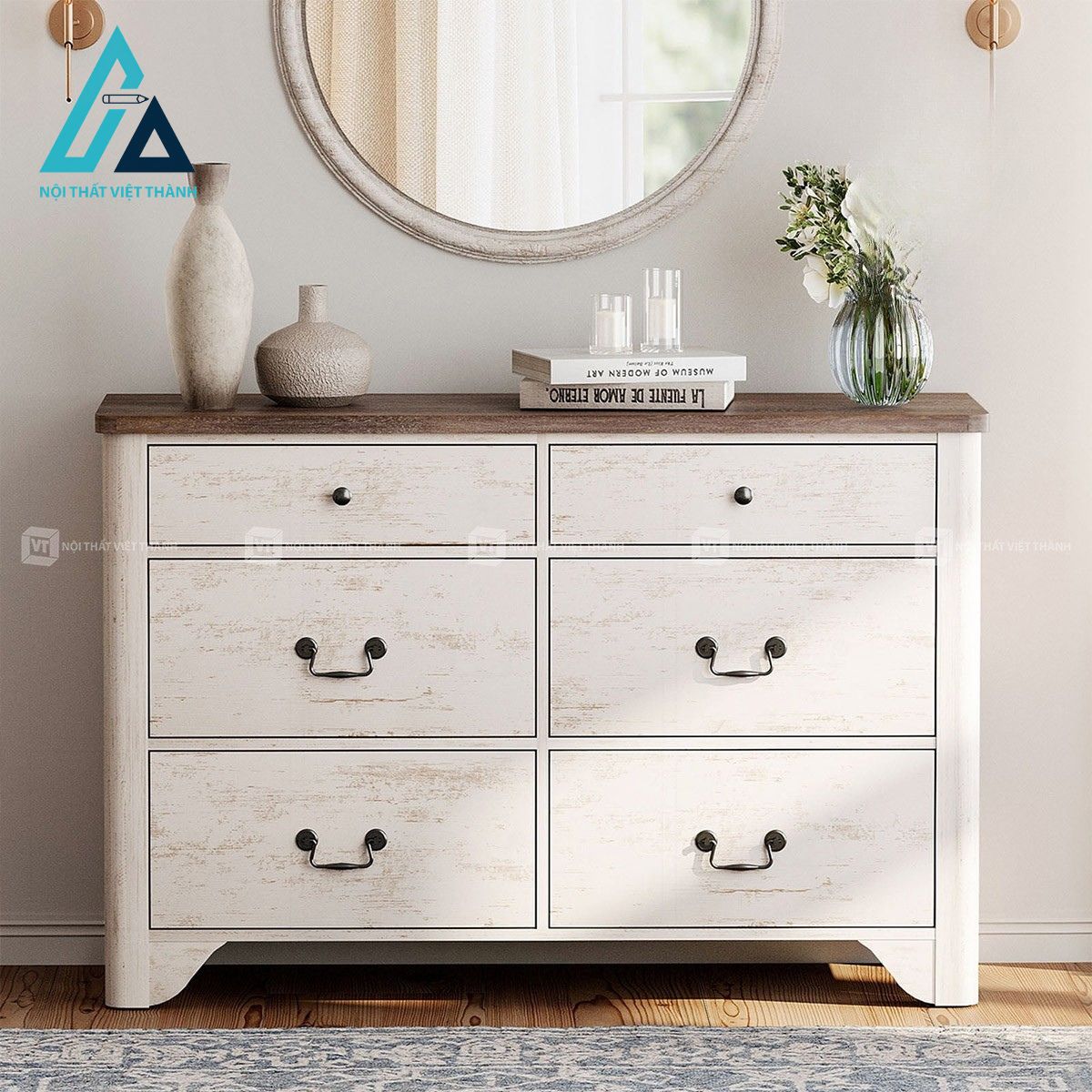 Combo nội thất phòng ngủ gồm tủ 6 ngăn kéo và 2 tủ đầu giường 5