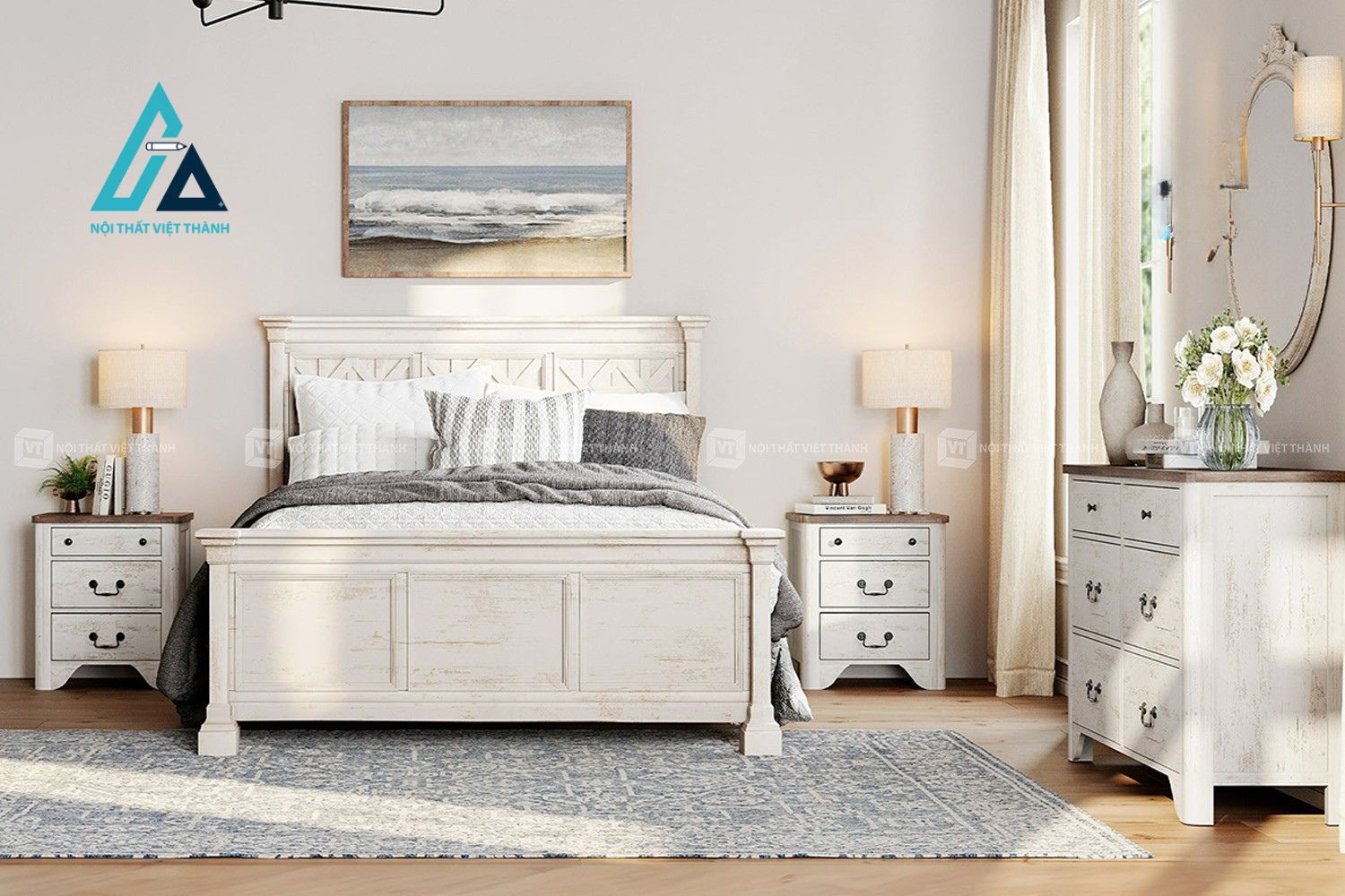 Combo nội thất phòng ngủ gồm tủ 6 ngăn kéo và 2 tủ đầu giường