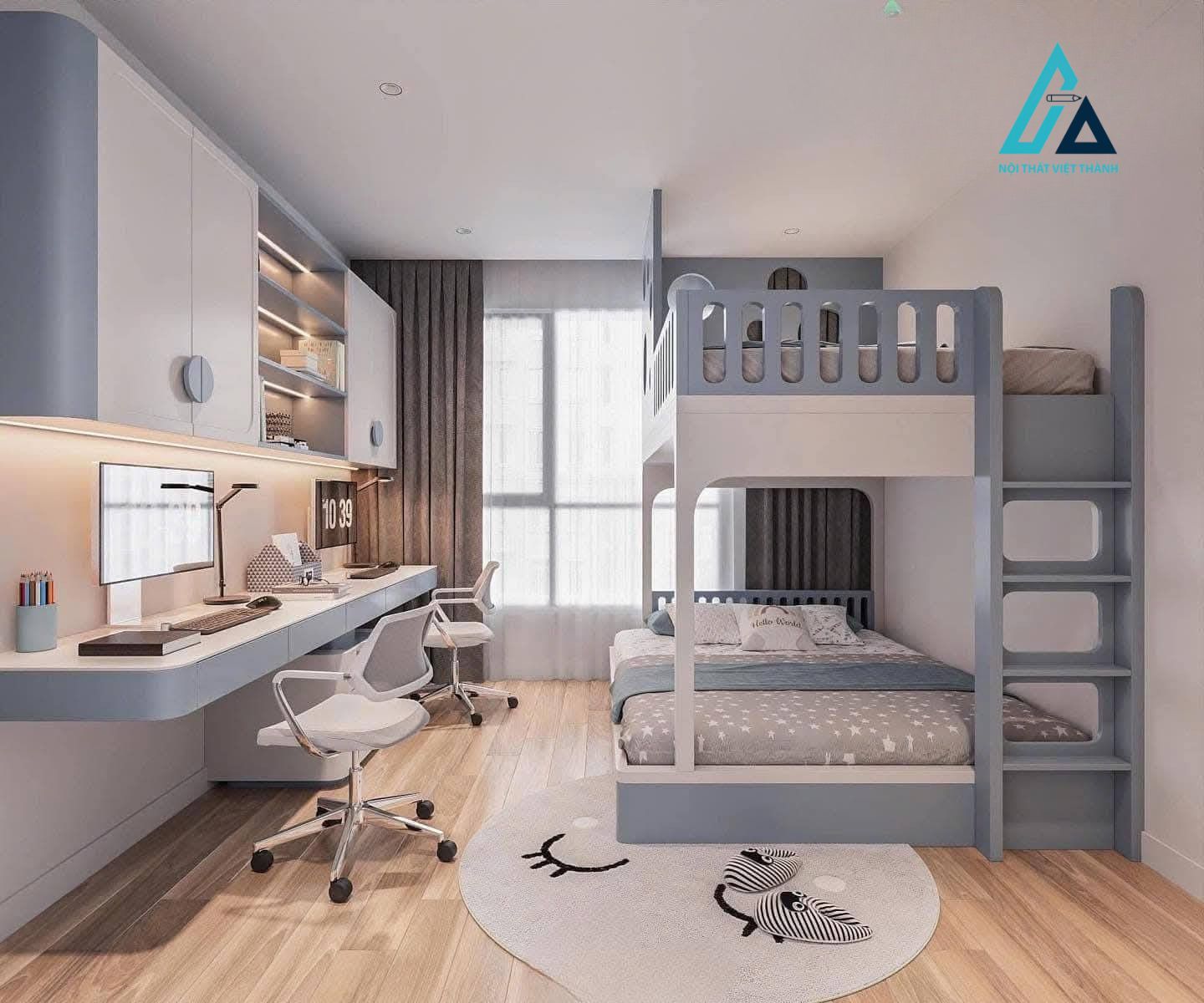 Thiết kế thi công nội thất phòng trẻ em tone xanh đáng yêu cho bé hiện đại