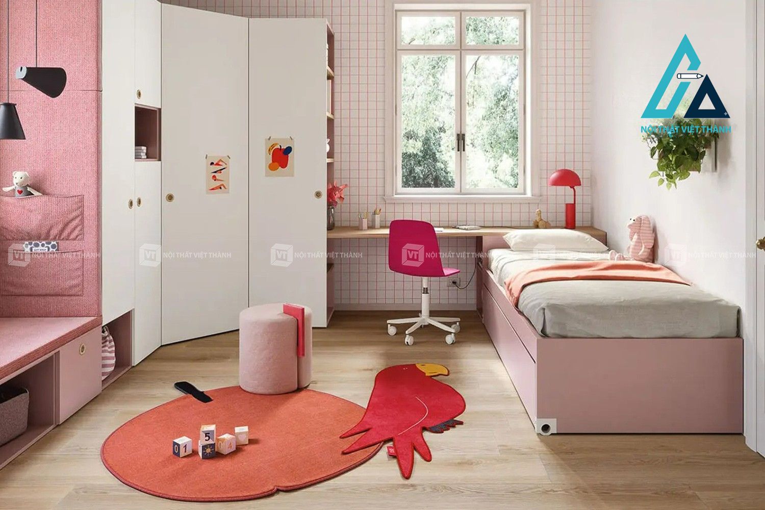 Combo phòng ngủ trẻ em giường đơn kèm giường kéo, tủ góc và bàn học hiện đại