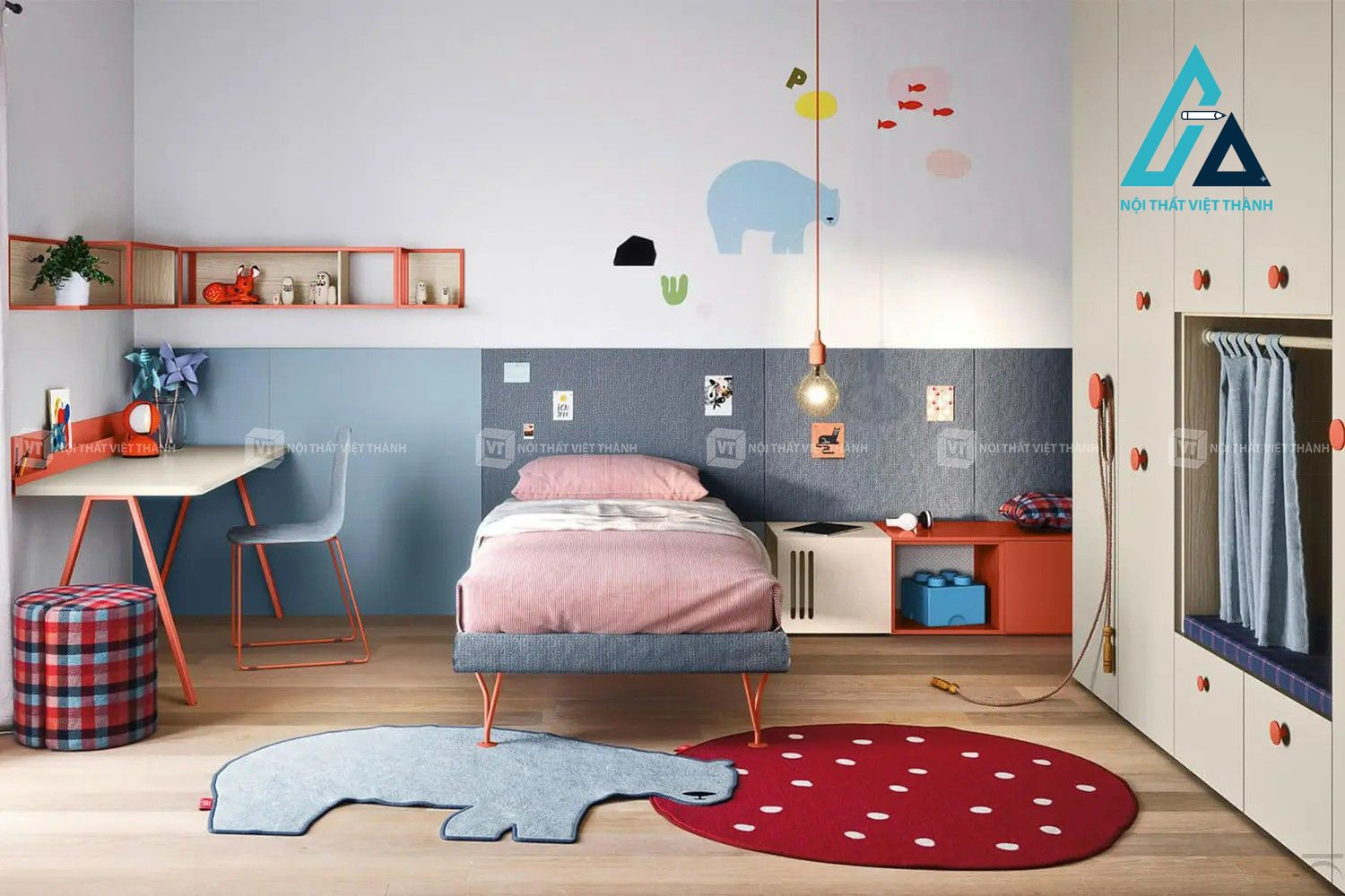 Combo phòng ngủ trẻ em giường đơn kèm tủ quần áo, vách trang trí và bàn học hiện đại