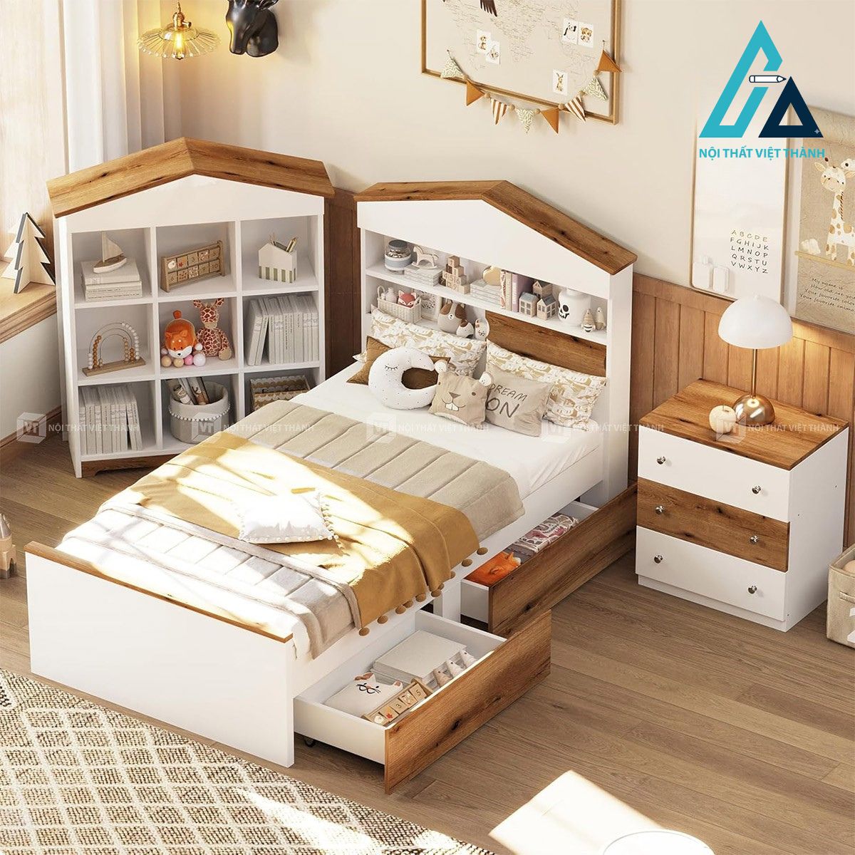 Combo phòng ngủ trẻ em giường gỗ hình ngôi nhà kèm tủ đầu giường và kệ lưu trữ