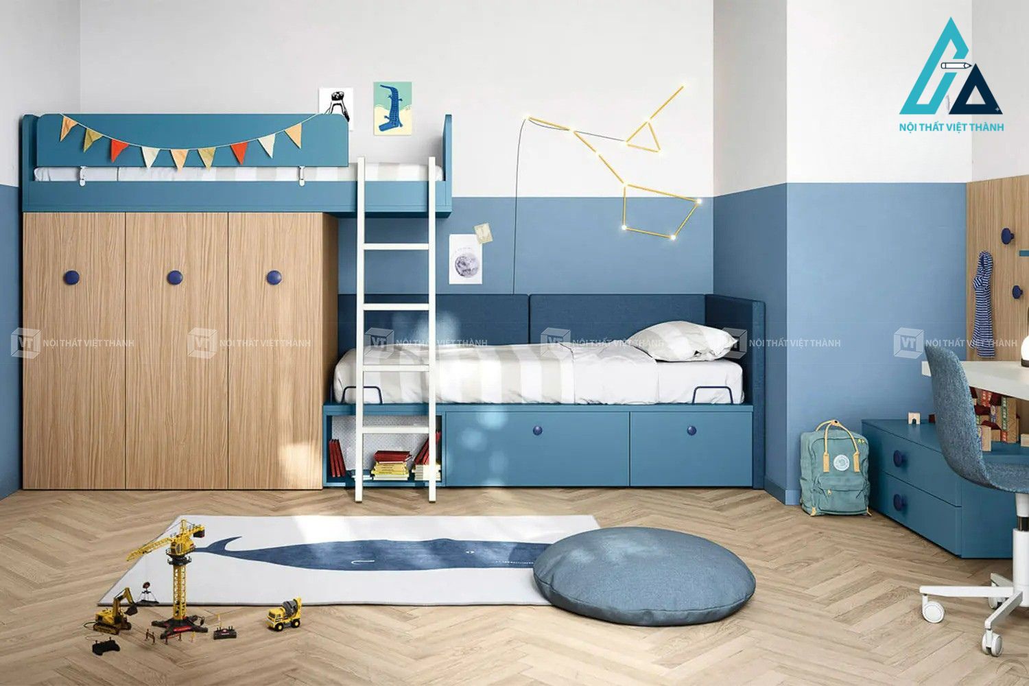 Combo phòng ngủ trẻ em giường tầng kèm tủ quần áo và bàn học đa năng hiện đại