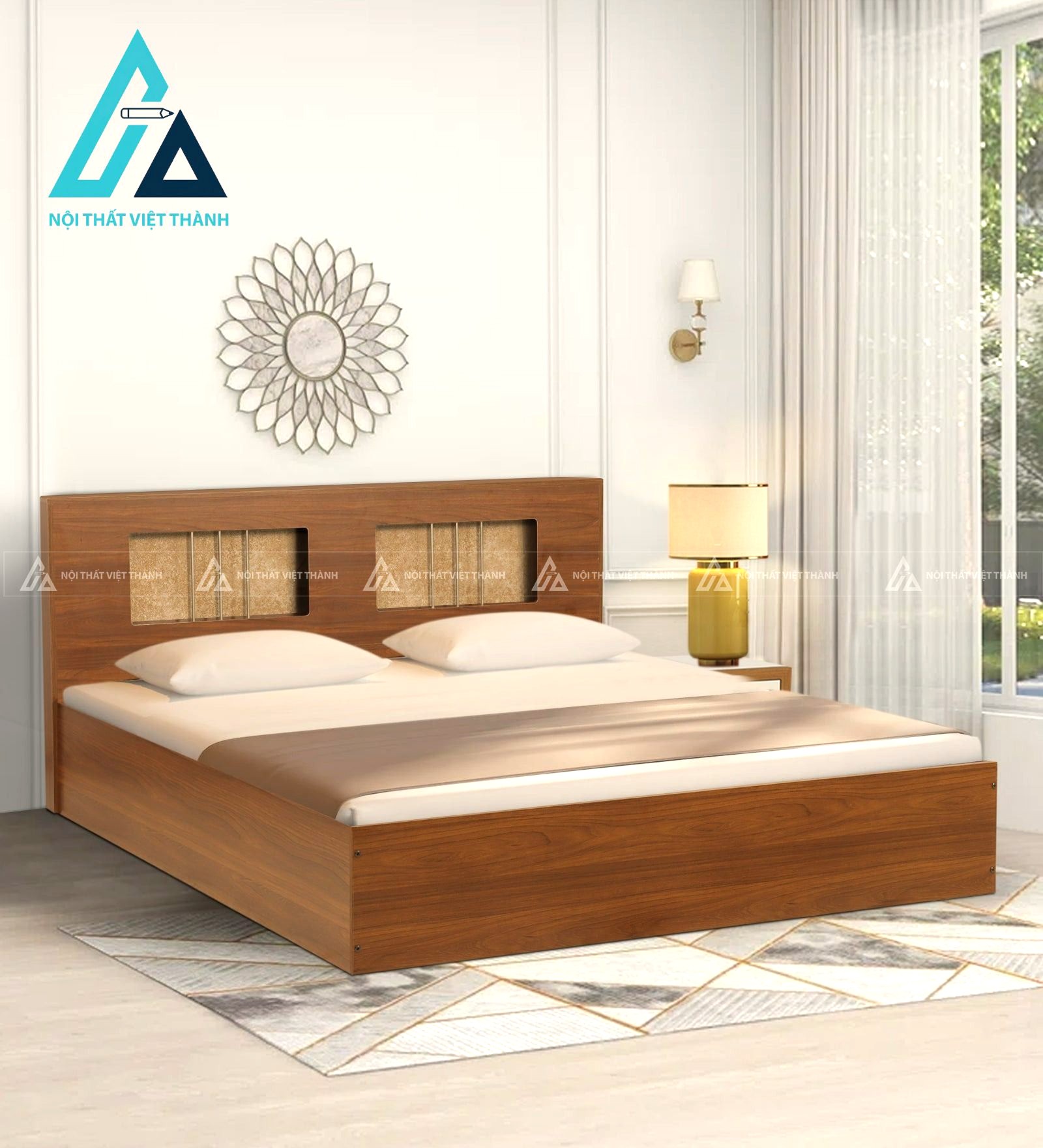 Giường đôi gỗ công nghiệp vân gỗ hiện đại có hộc chứa tiện lợi