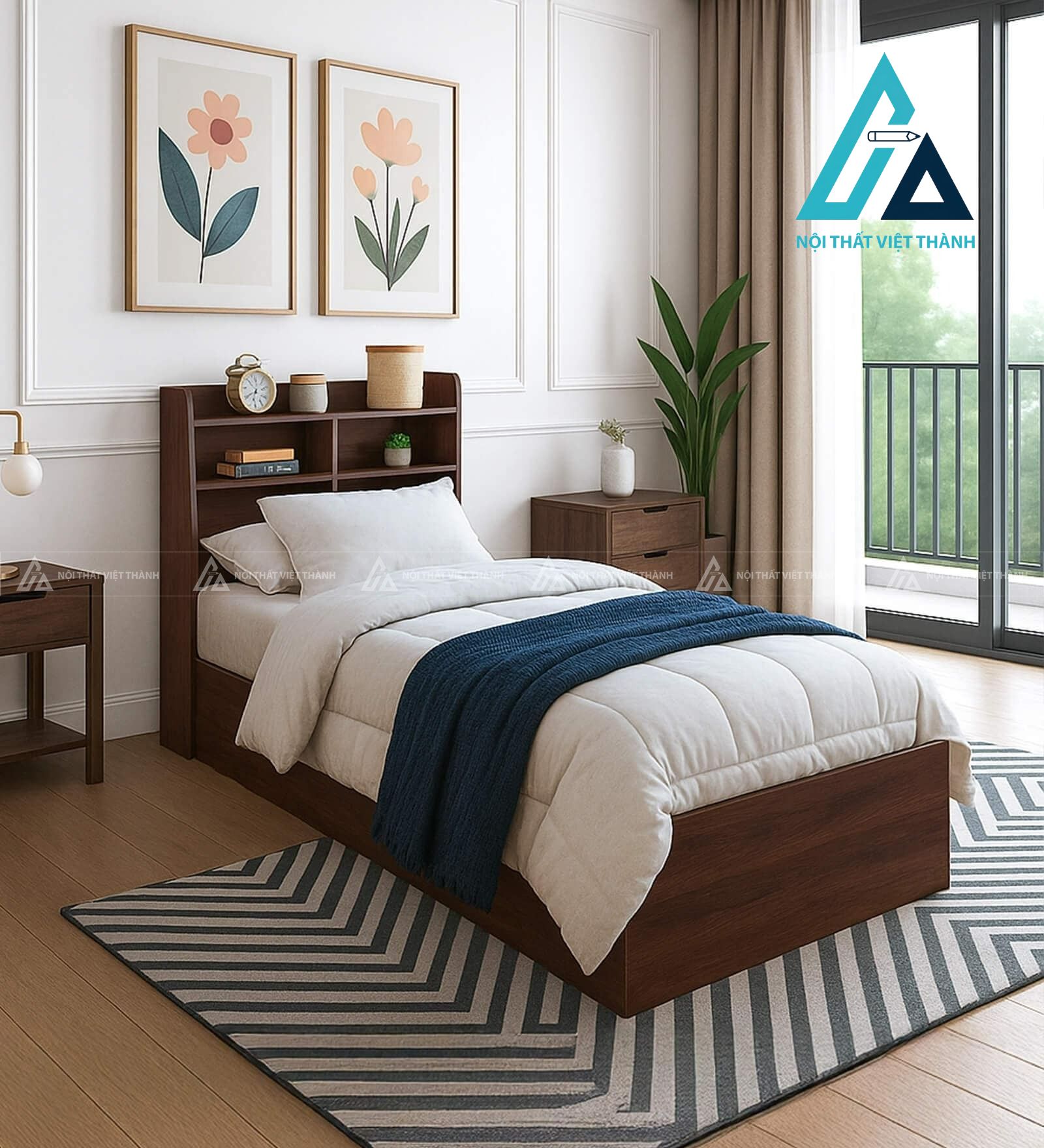 Giường đơn gỗ công nghiệp vân óc chó tích hợp hộc chứa tiện ích hiện đại