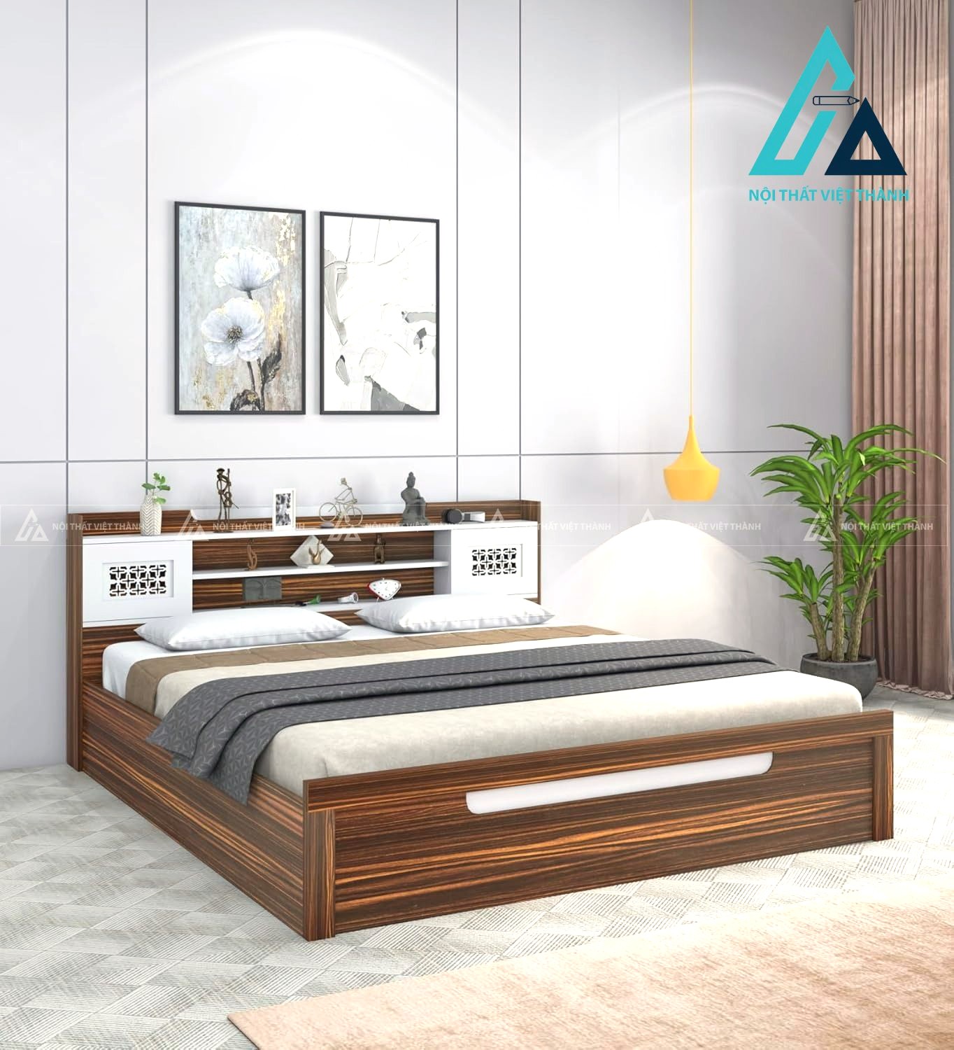 Giường ngủ gỗ công nghiệp vân gỗ phối trắng có hộc chứa tiện nghi hiện đại