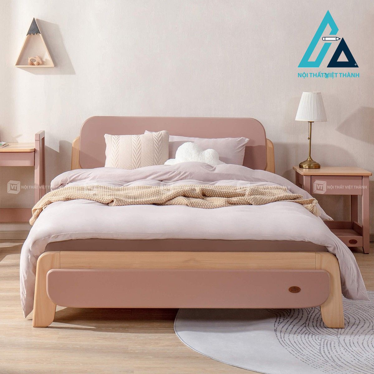 Giường ngủ đôi trẻ em gỗ tự nhiên thiết kế hiện đại hai tông màu