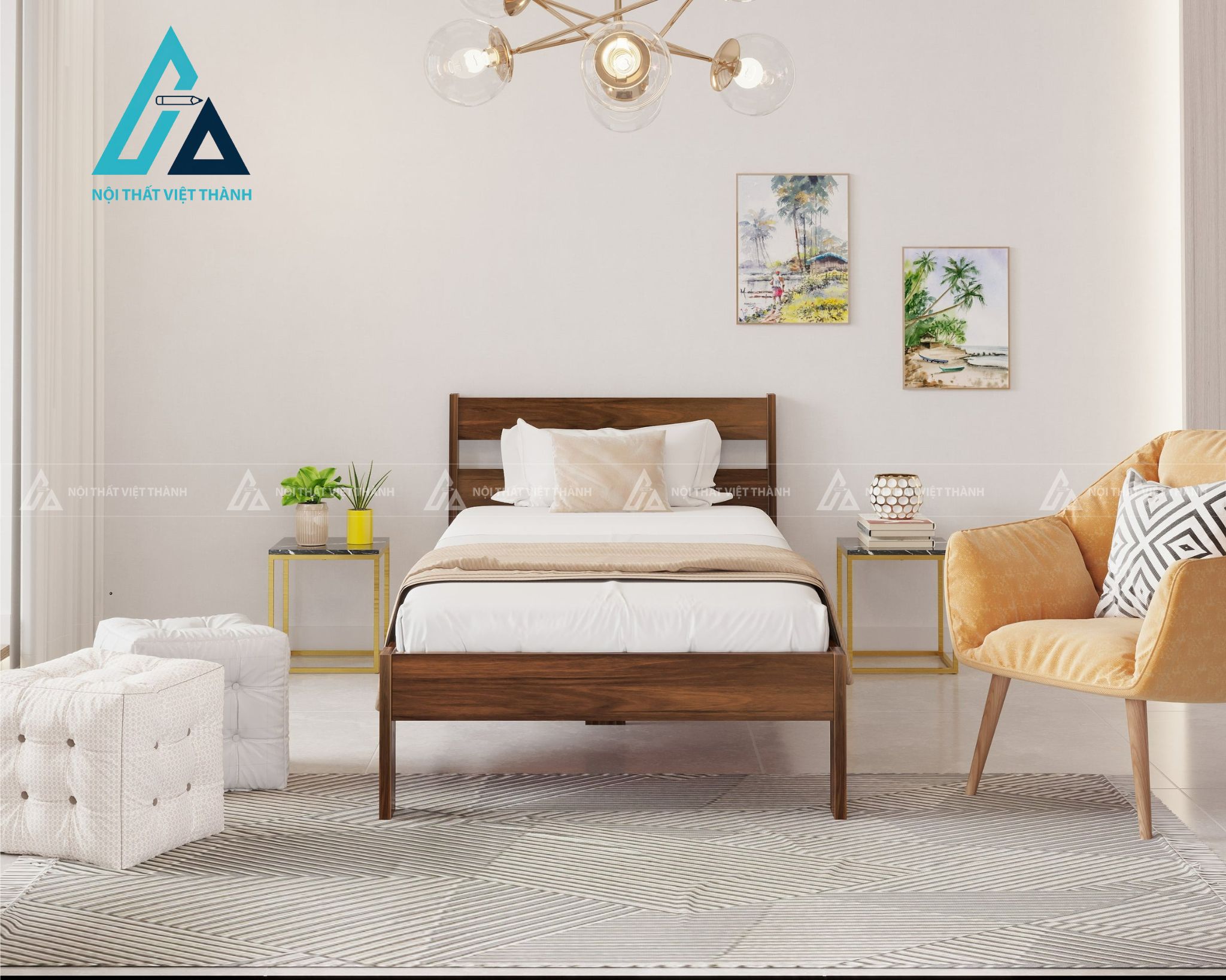 Giường ngủ đơn gỗ MDF phong cách tối giản hiện đại nhỏ gọn tiện dụng