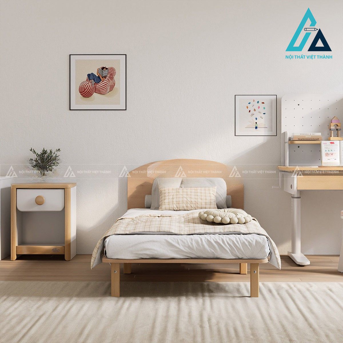 Giường ngủ đơn gỗ tự nhiên phong cách tối giản đầu giường cong mềm mại 1