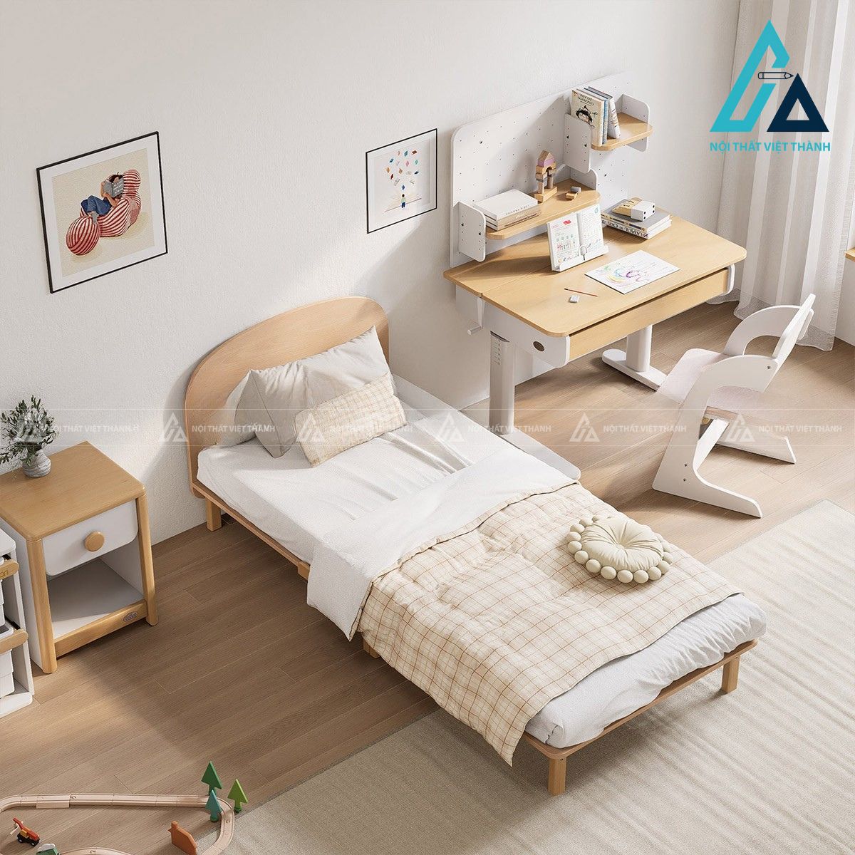 Giường ngủ đơn gỗ tự nhiên phong cách tối giản đầu giường cong mềm mại 2