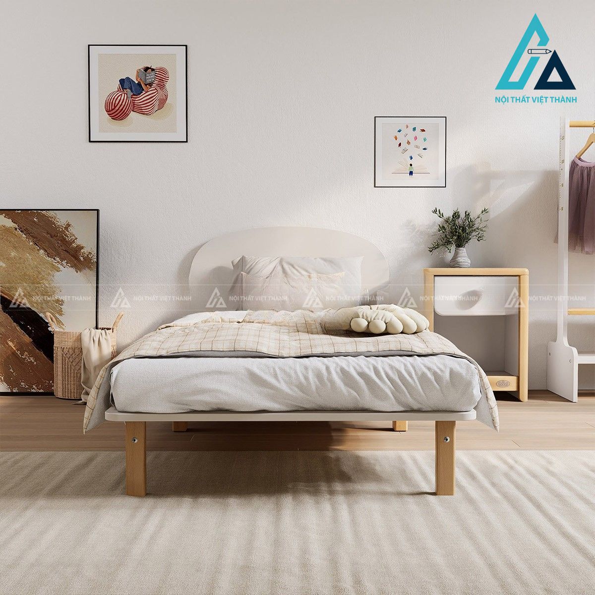 Giường ngủ đơn gỗ tự nhiên phong cách tối giản đầu giường cong mềm mại 3