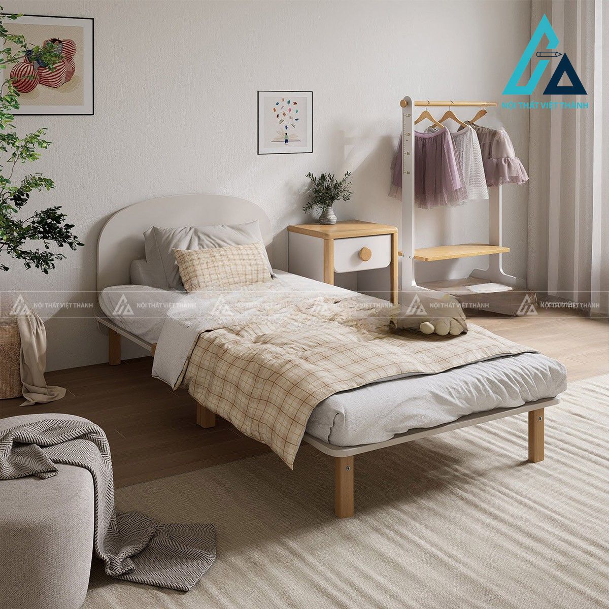 Giường ngủ đơn gỗ tự nhiên phong cách tối giản đầu giường cong mềm mại 5