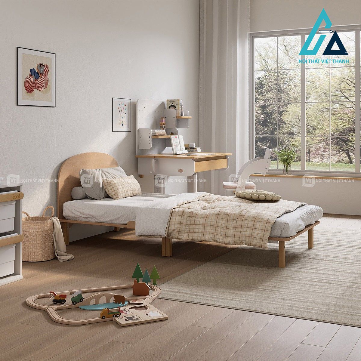 Giường ngủ đơn gỗ tự nhiên phong cách tối giản đầu giường cong mềm mại