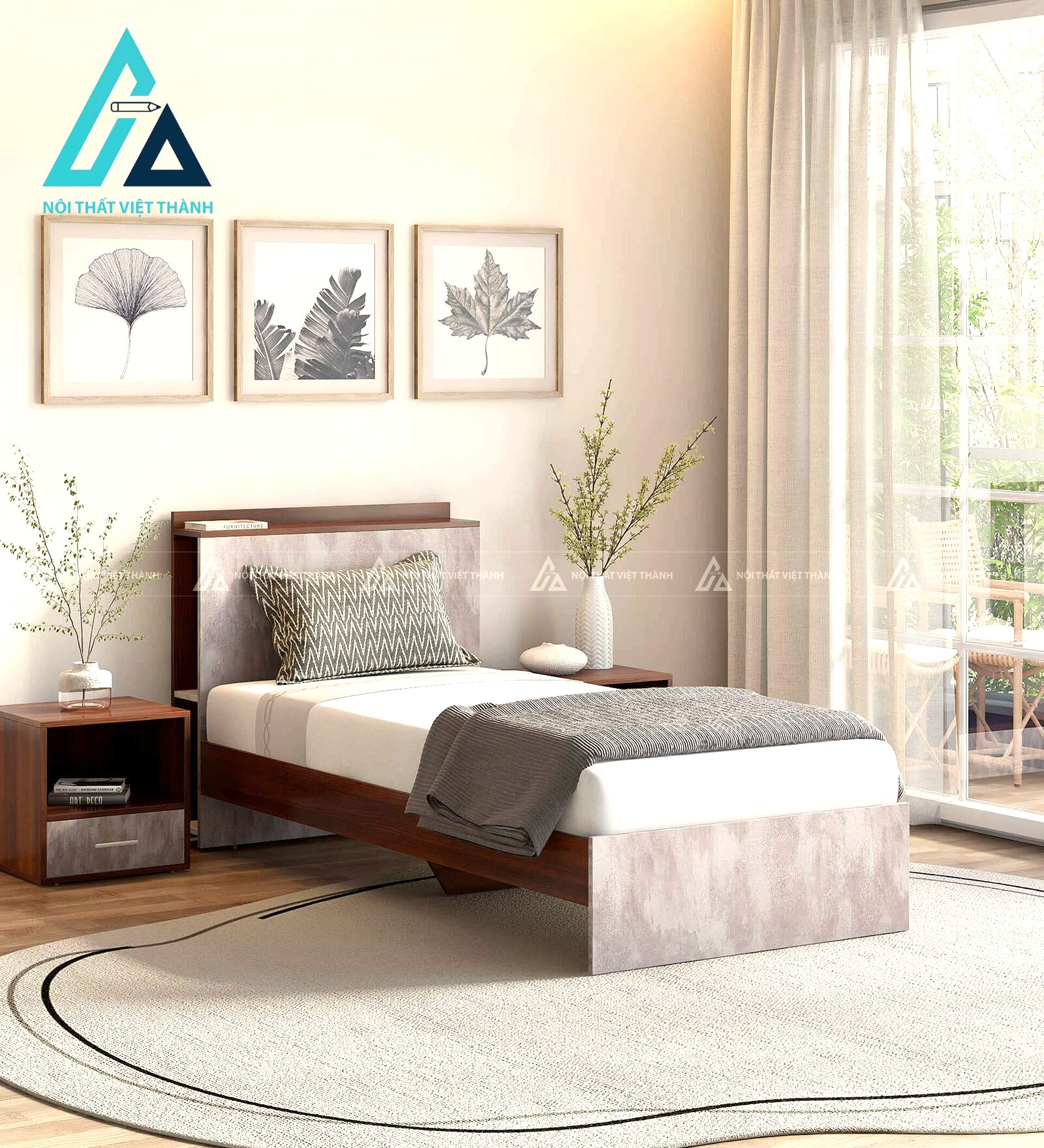 Giường ngủ đơn MDF đầu giường ốp vân hiện đại tối giản tinh tế