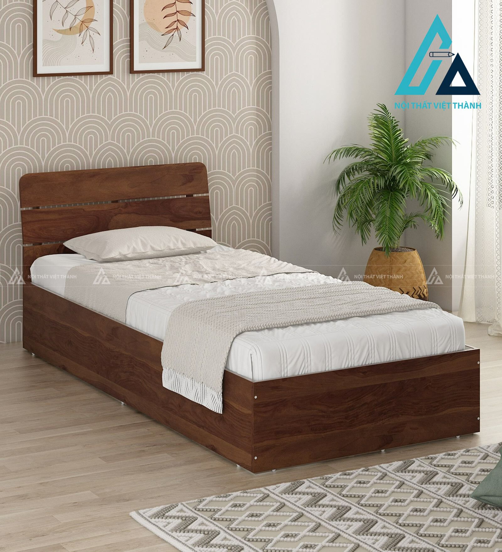 Giường ngủ đơn MDF vân gỗ hiện đại tích hợp hộc chứa tối ưu diện tích