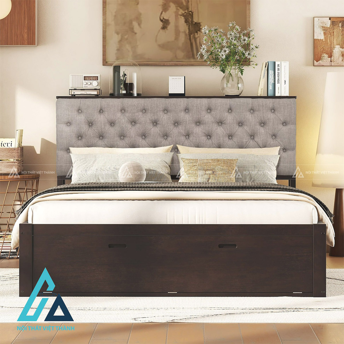 Giường ngủ gỗ công nghiệp đa năng ngăn kéo kệ đầu giường bọc nệm 2