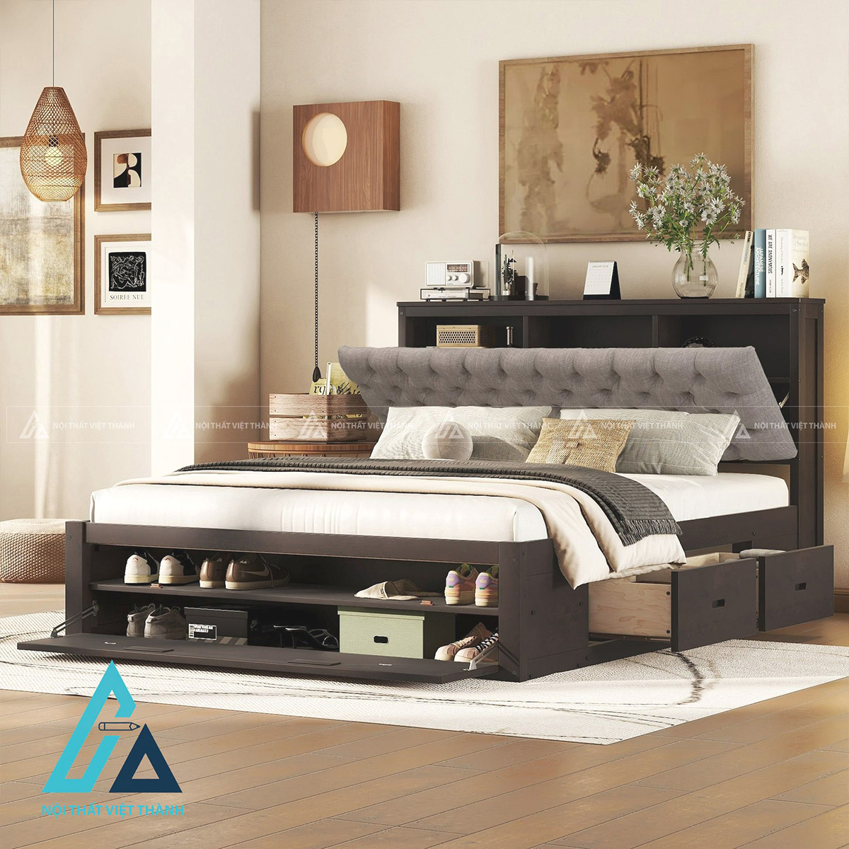 Giường ngủ gỗ công nghiệp đa năng ngăn kéo kệ đầu giường bọc nệm 3