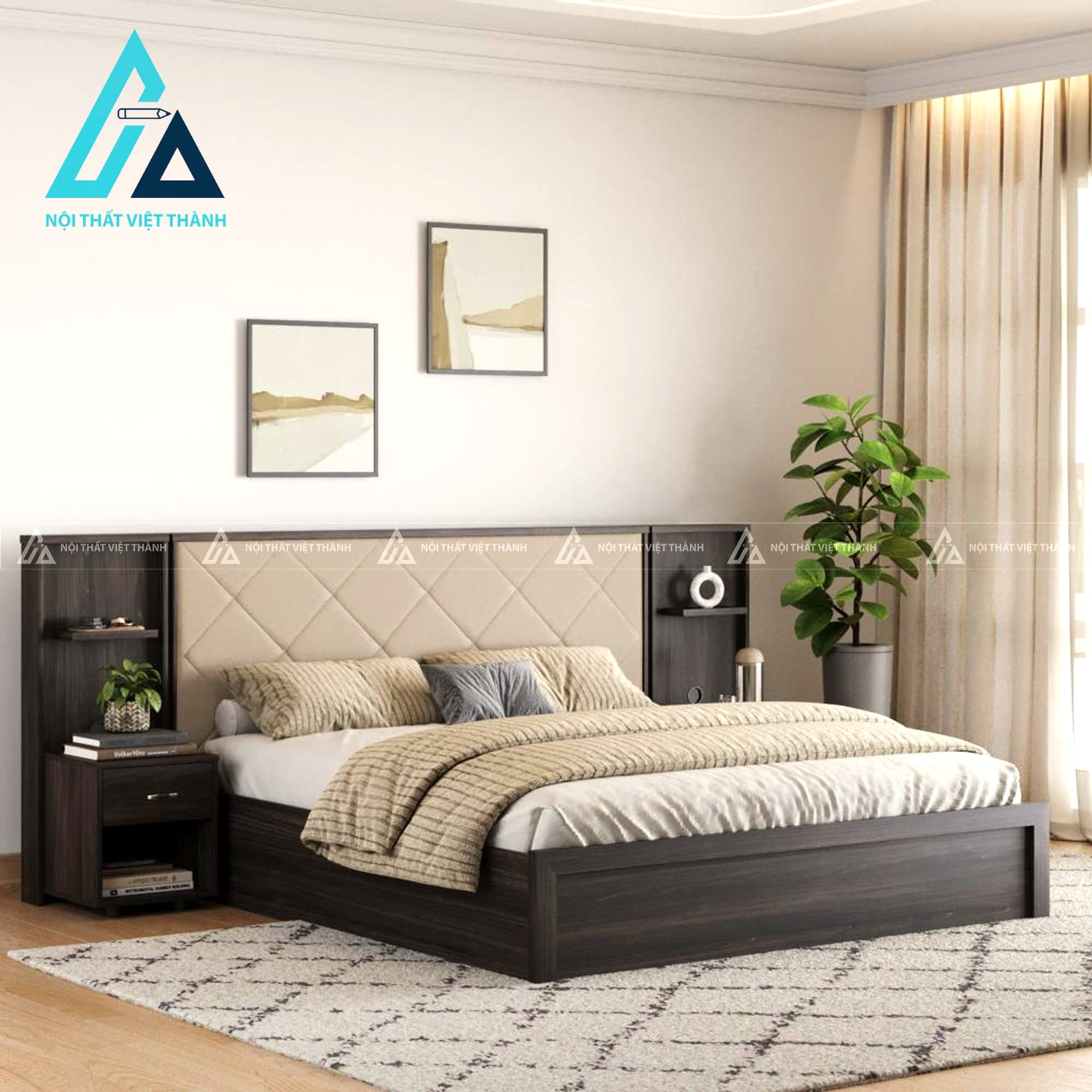 Giường ngủ gỗ công nghiệp đầu giường bọc nệm êm ái có hộc chứa tiện lợi