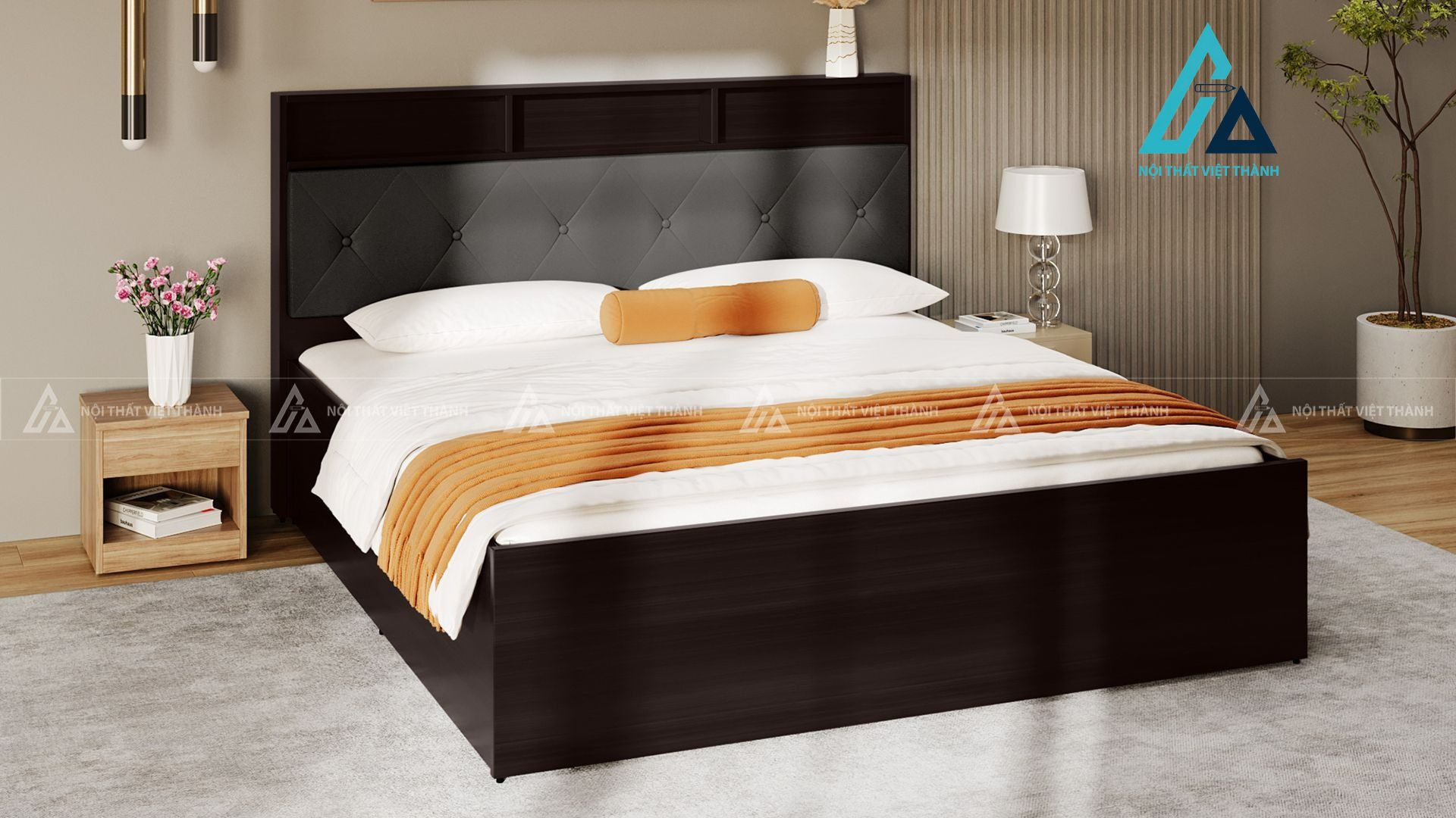 Giường ngủ gỗ công nghiệp hiện đại có hộc chứa tiện lợi bền đẹp
