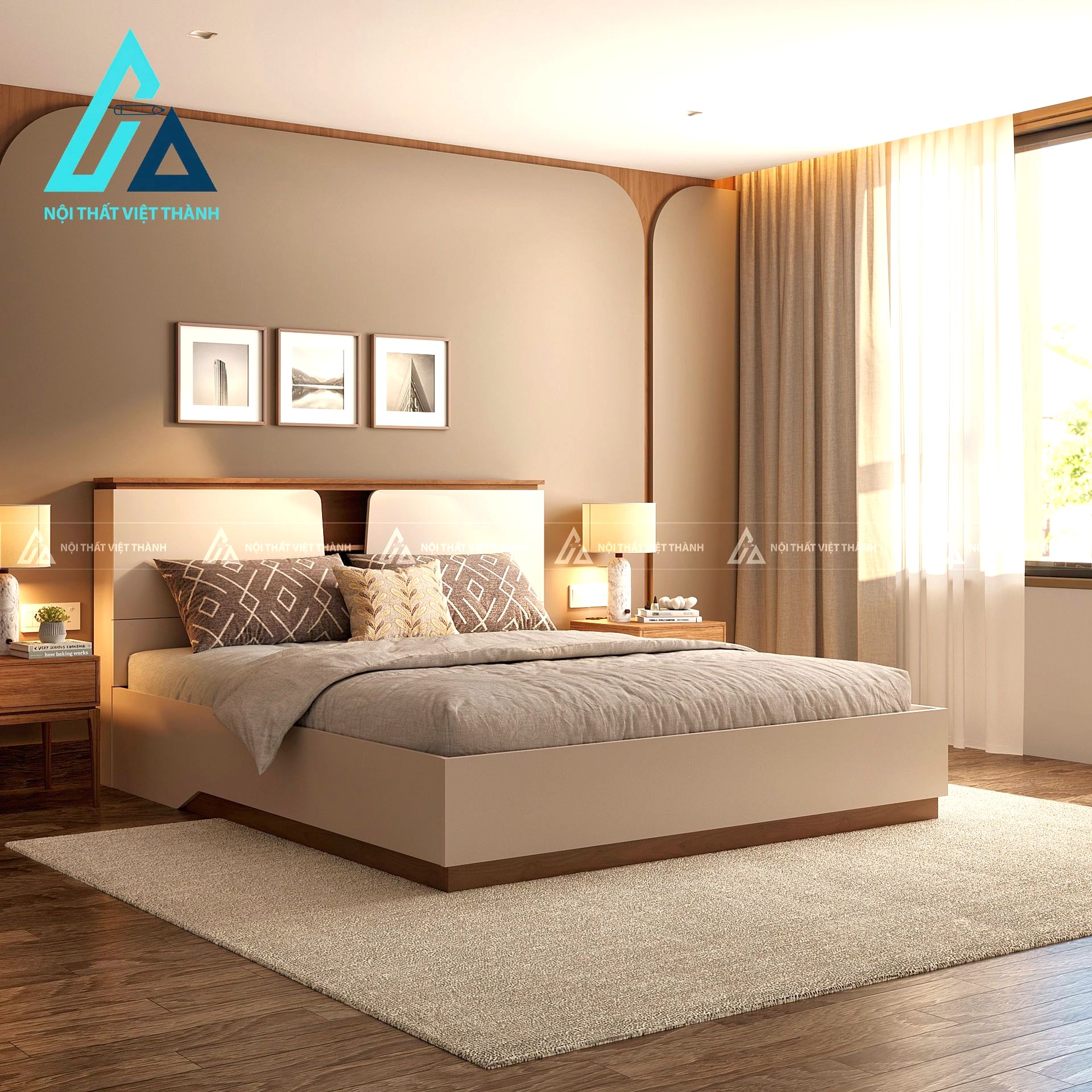 Giường ngủ gỗ công nghiệp màu kem phối vân gỗ hiện đại có ngăn chứa