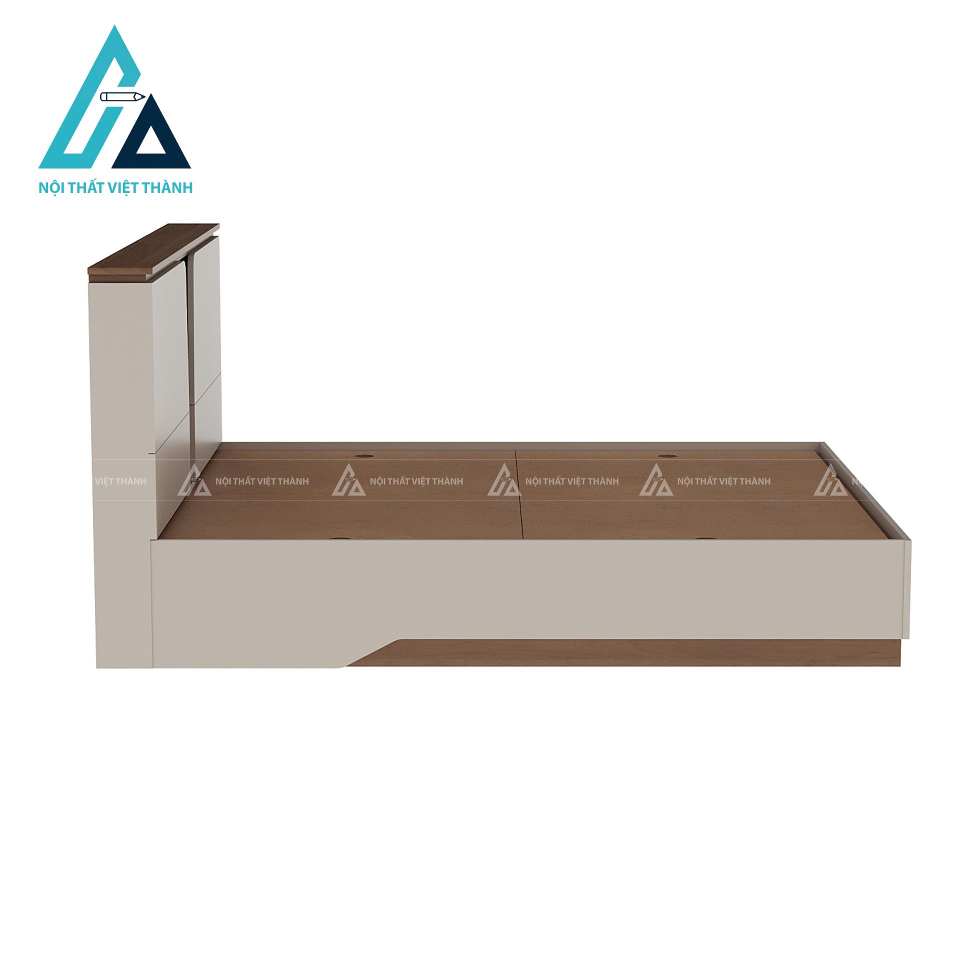 Giường ngủ gỗ công nghiệp màu kem phối vân gỗ hiện đại có ngăn chứa 1