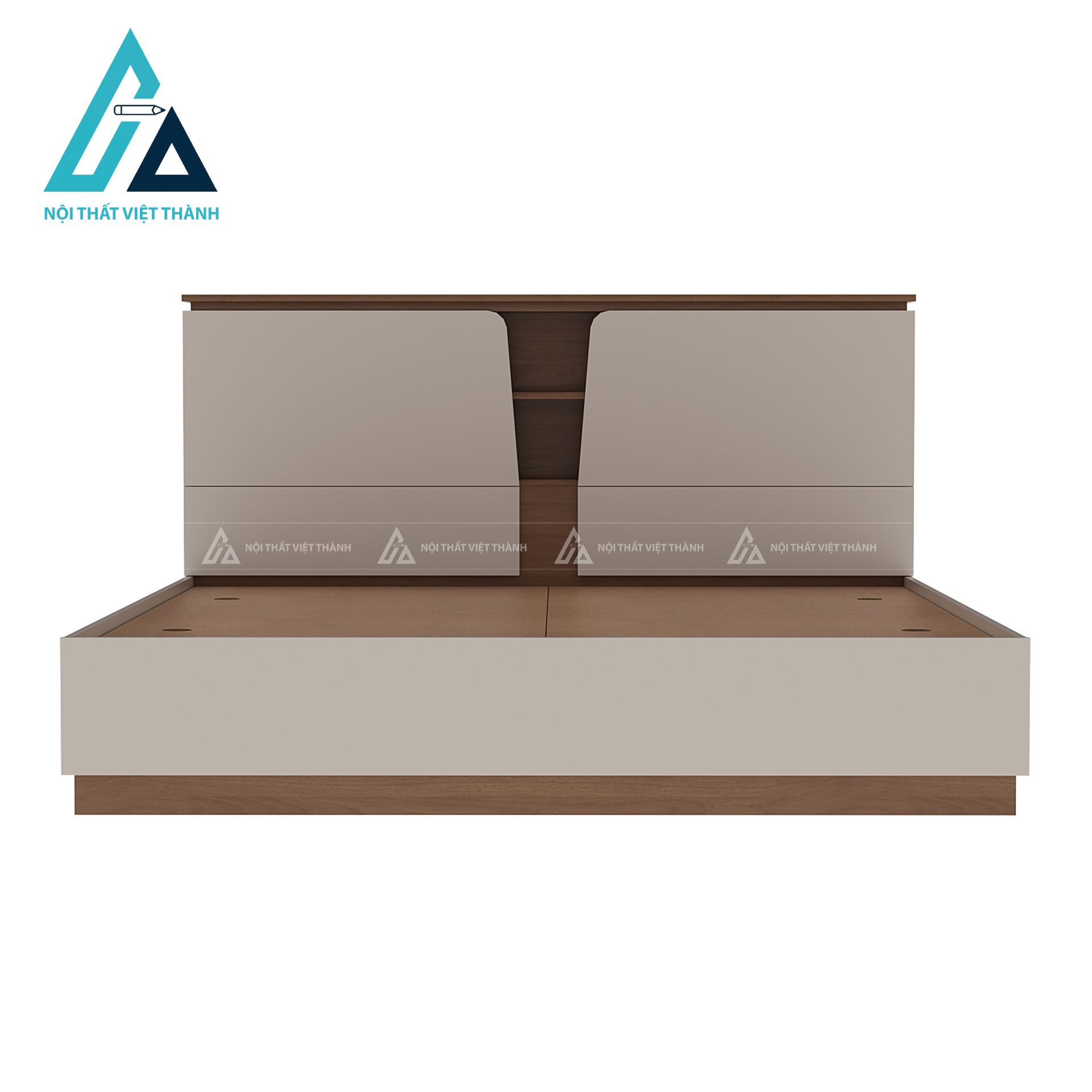 Giường ngủ gỗ công nghiệp màu kem phối vân gỗ hiện đại có ngăn chứa 2