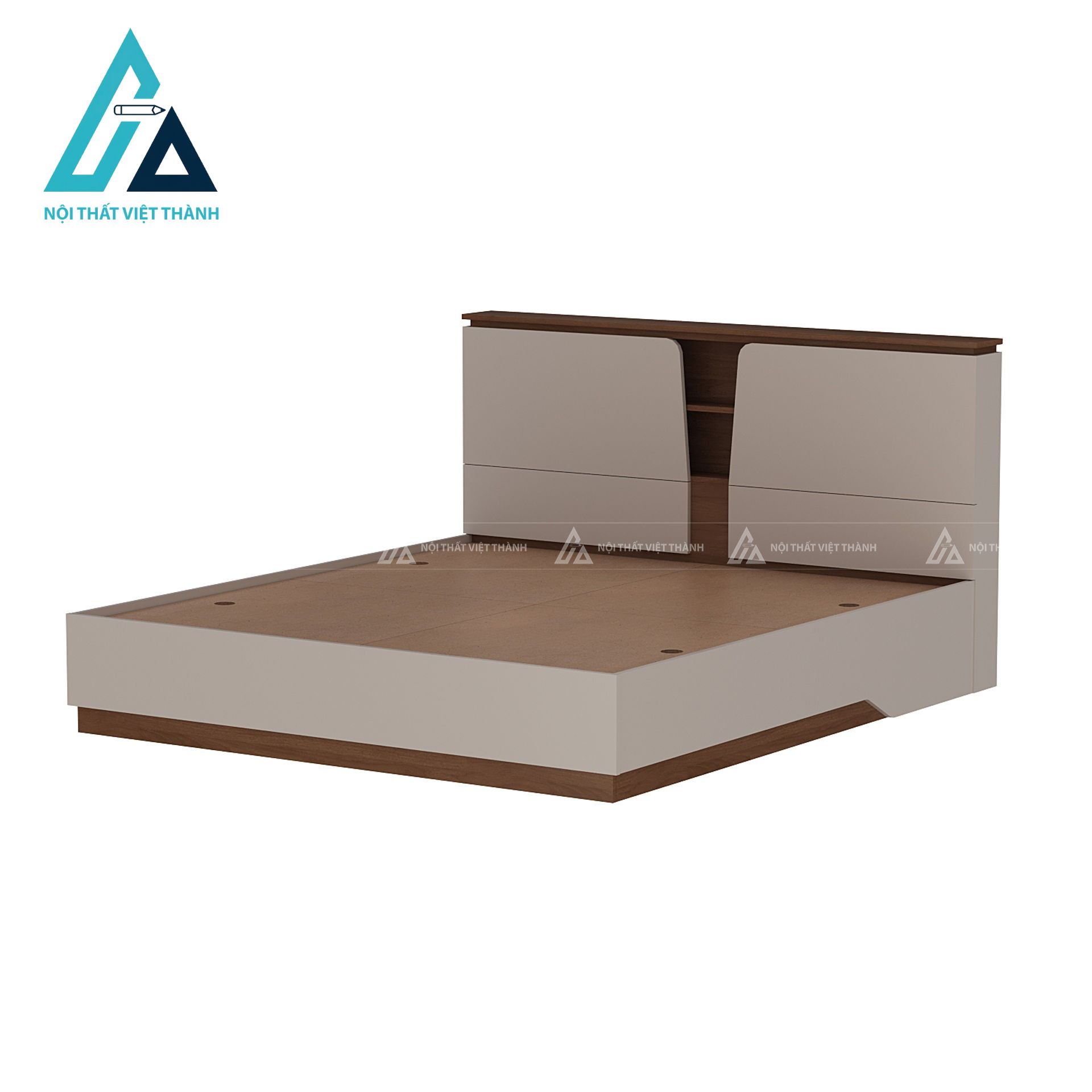 Giường ngủ gỗ công nghiệp màu kem phối vân gỗ hiện đại có ngăn chứa 3