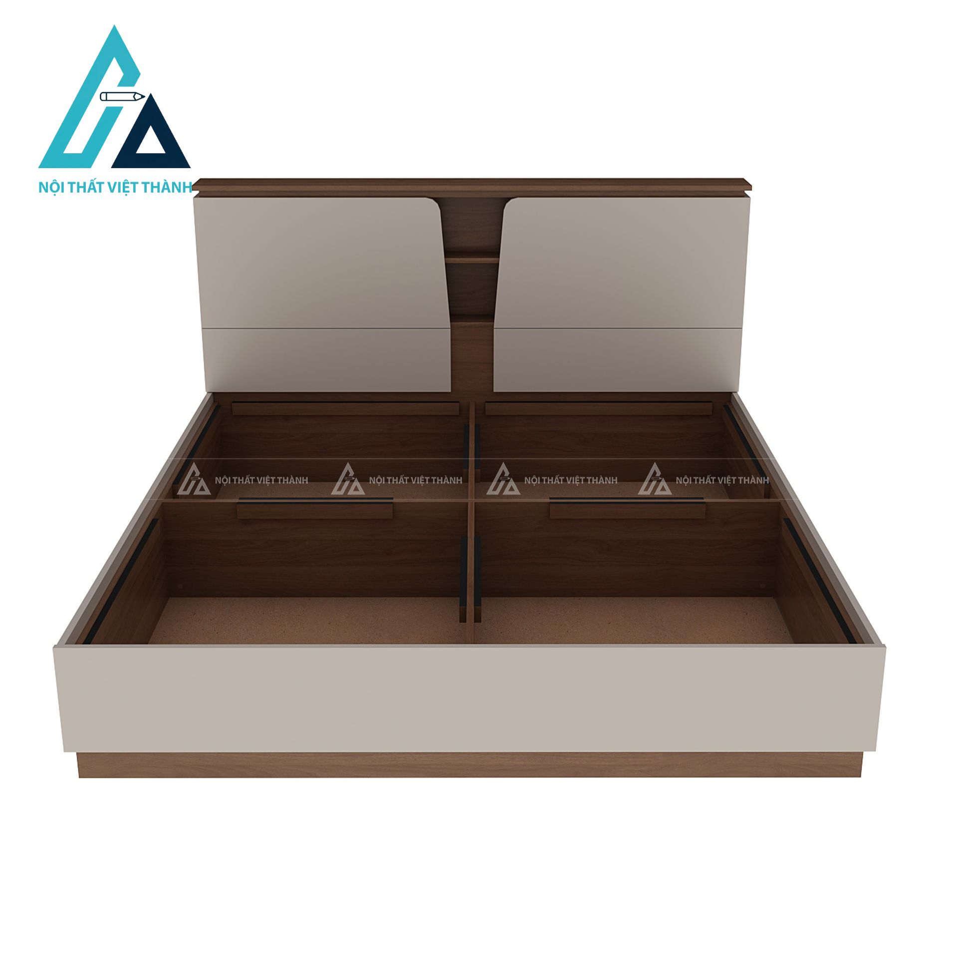 Giường ngủ gỗ công nghiệp màu kem phối vân gỗ hiện đại có ngăn chứa 4