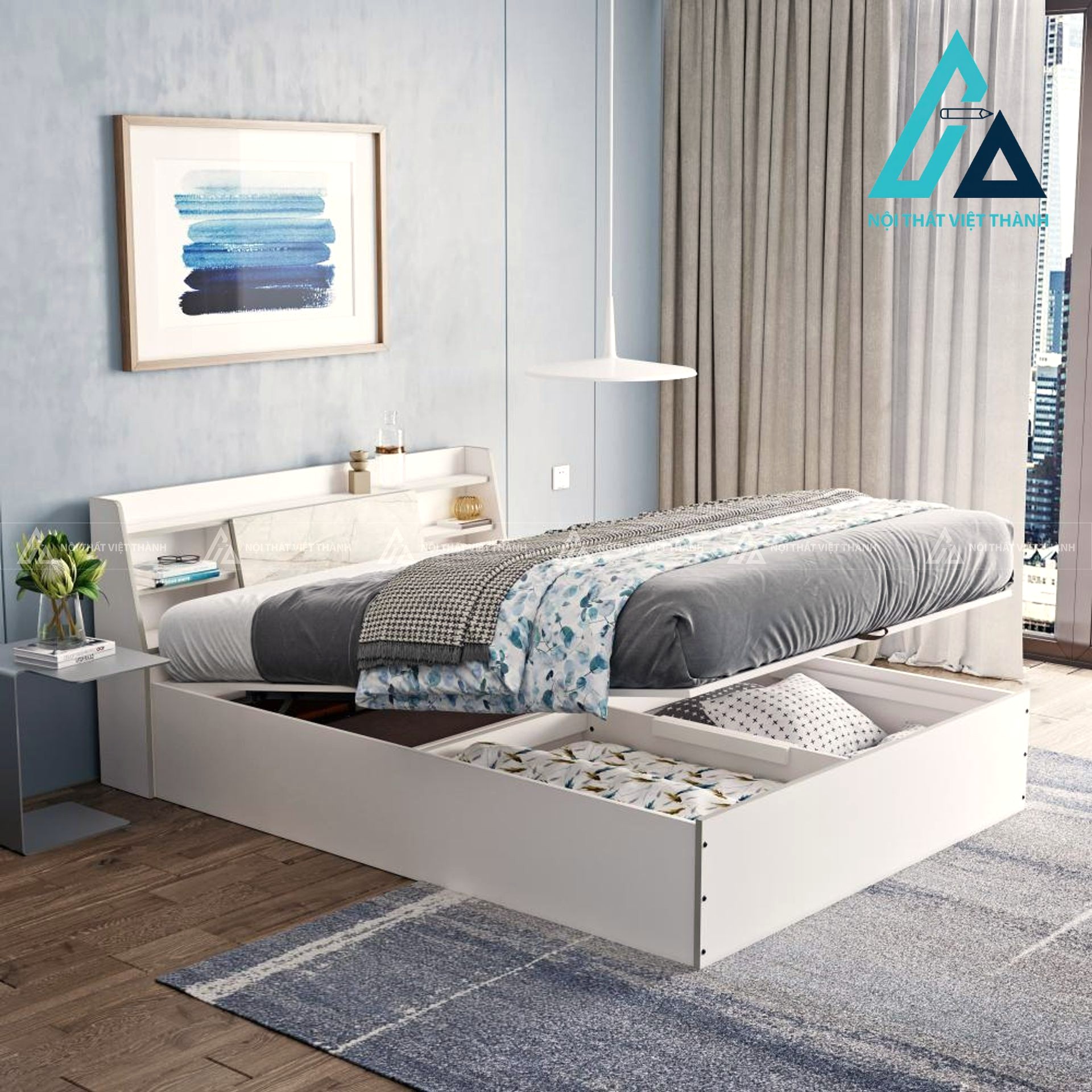 Giường ngủ gỗ công nghiệp màu trắng có hộc chứa nâng tiện nghi hiện đại