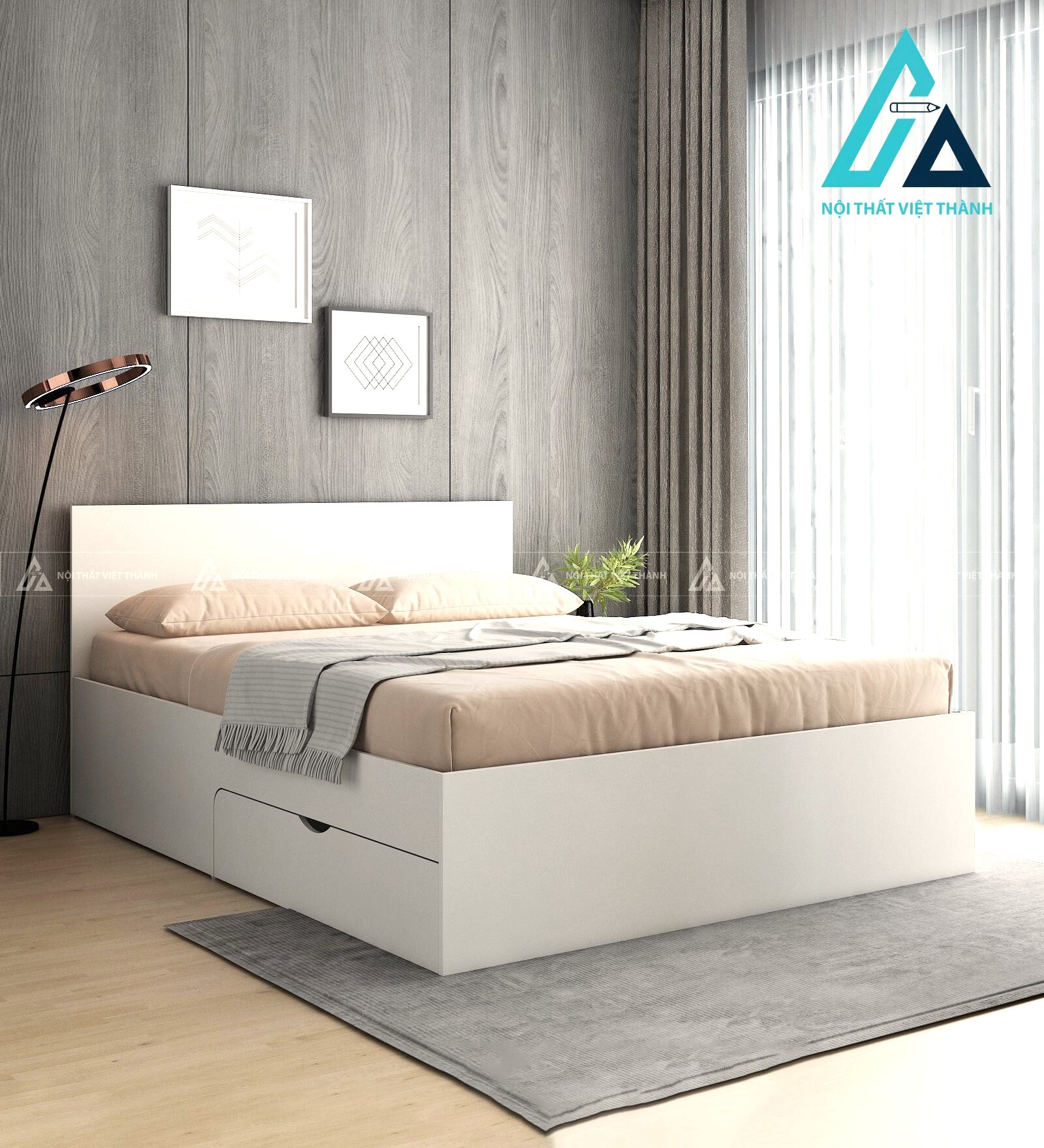 Giường ngủ gỗ công nghiệp màu trắng tích hợp ngăn kéo tiện ích