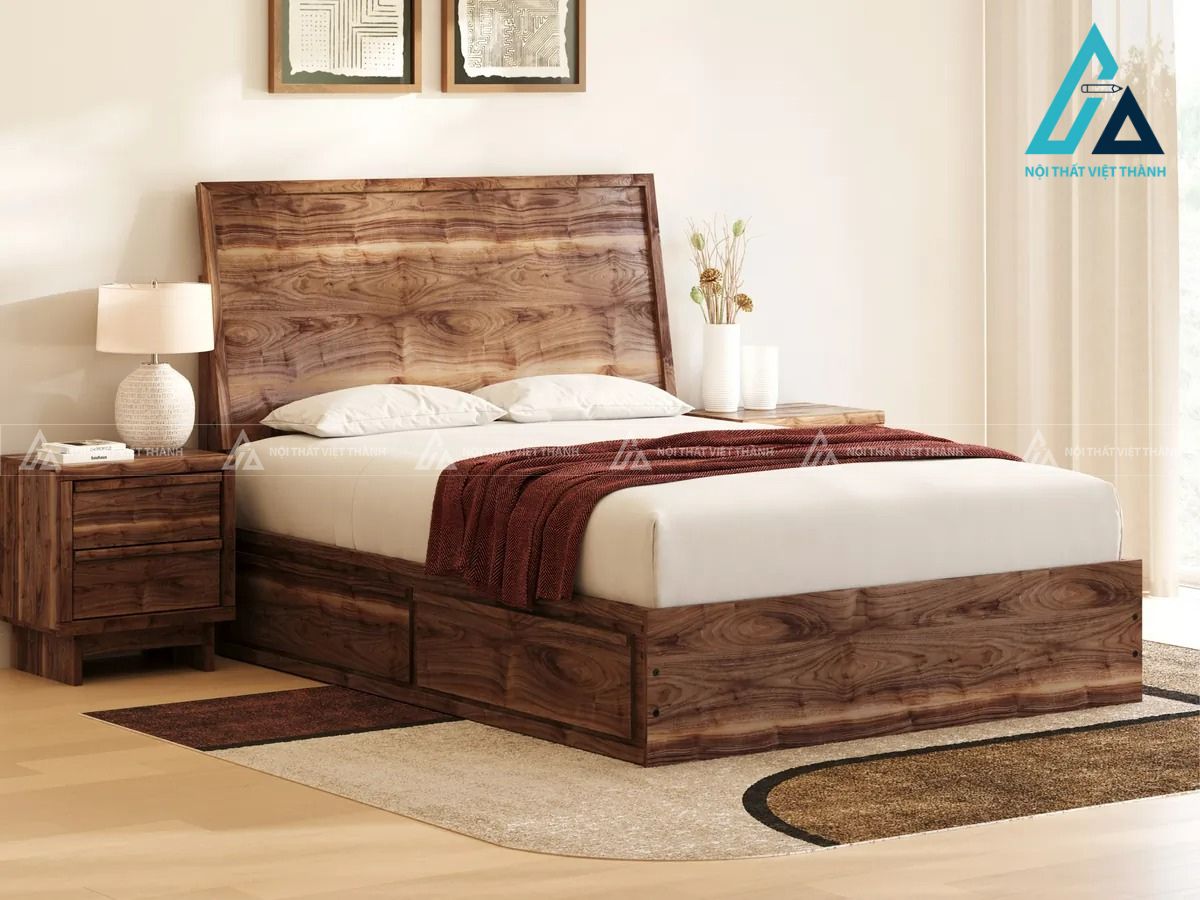 Giường ngủ gỗ công nghiệp MDF vân óc chó có ngăn kéo lưu trữ tiện lợi