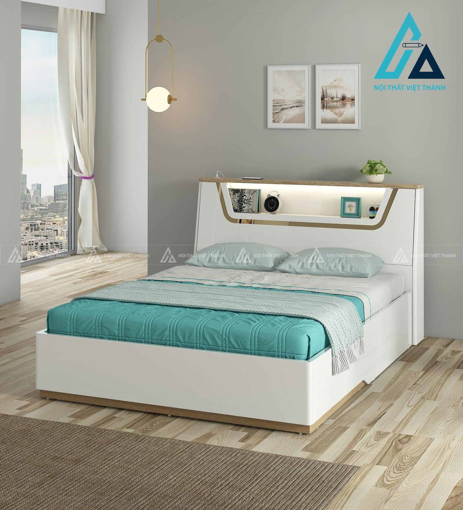 Giường ngủ gỗ công nghiệp tích hợp đèn LED và hộc chứa thông minh