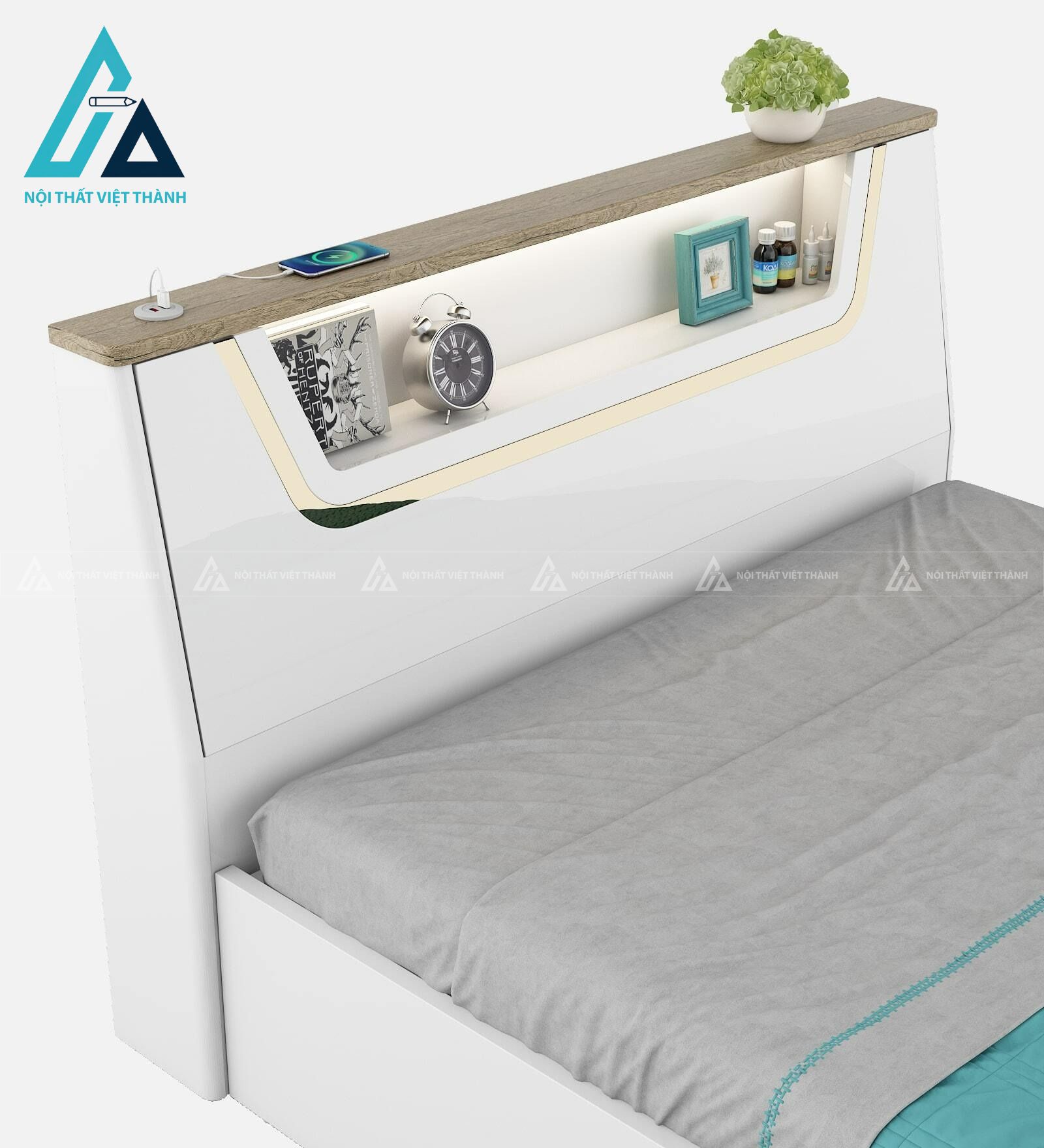 Giường ngủ gỗ công nghiệp tích hợp đèn LED và hộc chứa thông minh 1