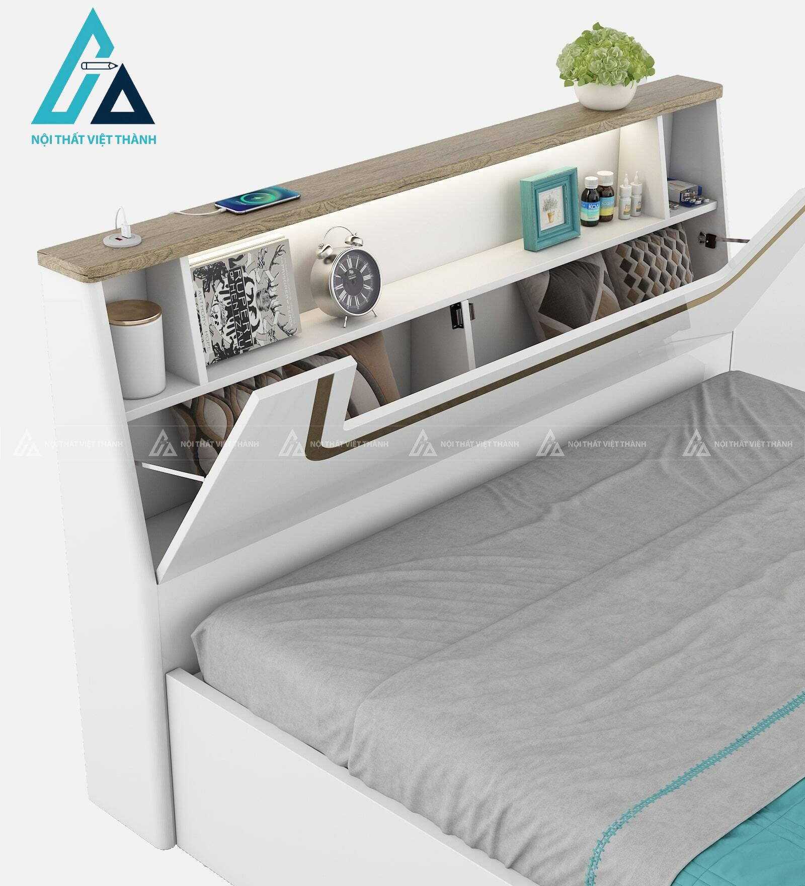 Giường ngủ gỗ công nghiệp tích hợp đèn LED và hộc chứa thông minh 2