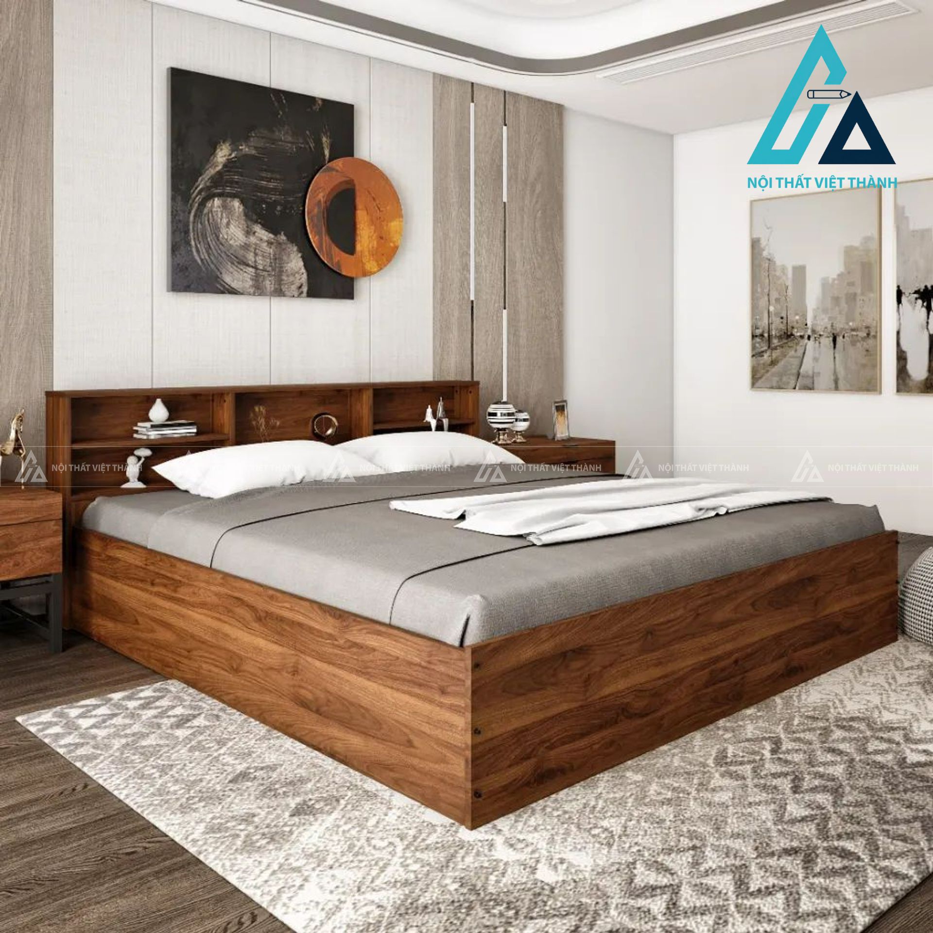 Giường ngủ gỗ công nghiệp tích hợp hộc đầu giường tiện nghi hiện đại