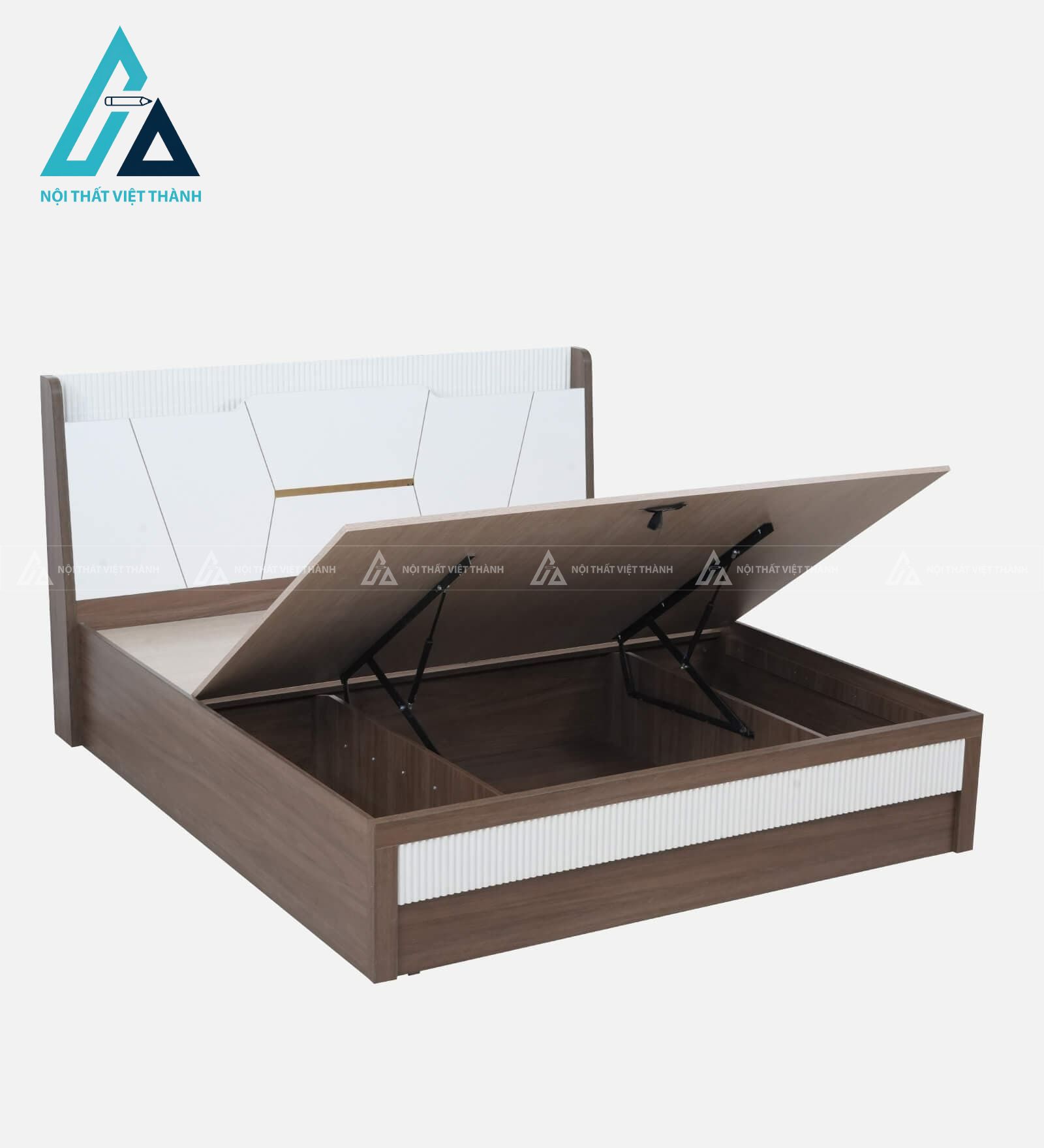 Giường ngủ gỗ công nghiệp trắng kem phối vân gỗ hiện đại có hộc chứa nâng hạ 1