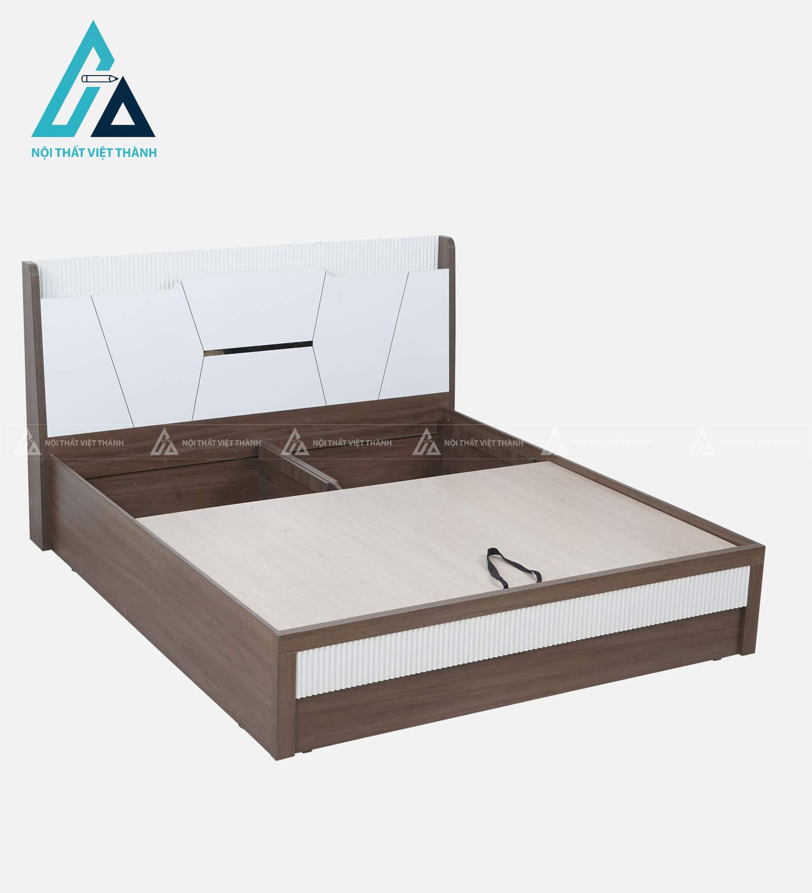Giường ngủ gỗ công nghiệp trắng kem phối vân gỗ hiện đại có hộc chứa nâng hạ 2