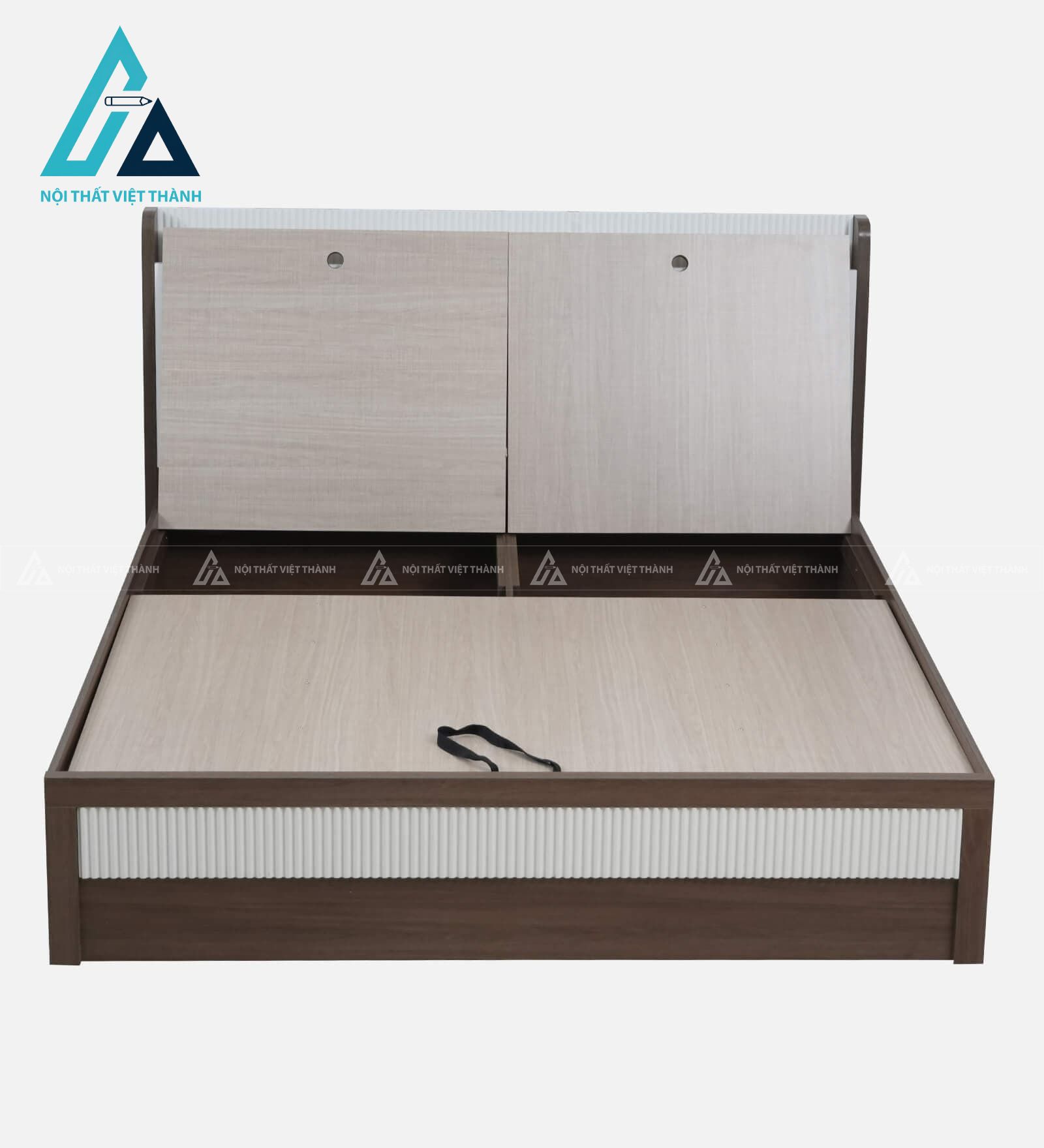 Giường ngủ gỗ công nghiệp trắng kem phối vân gỗ hiện đại có hộc chứa nâng hạ 3