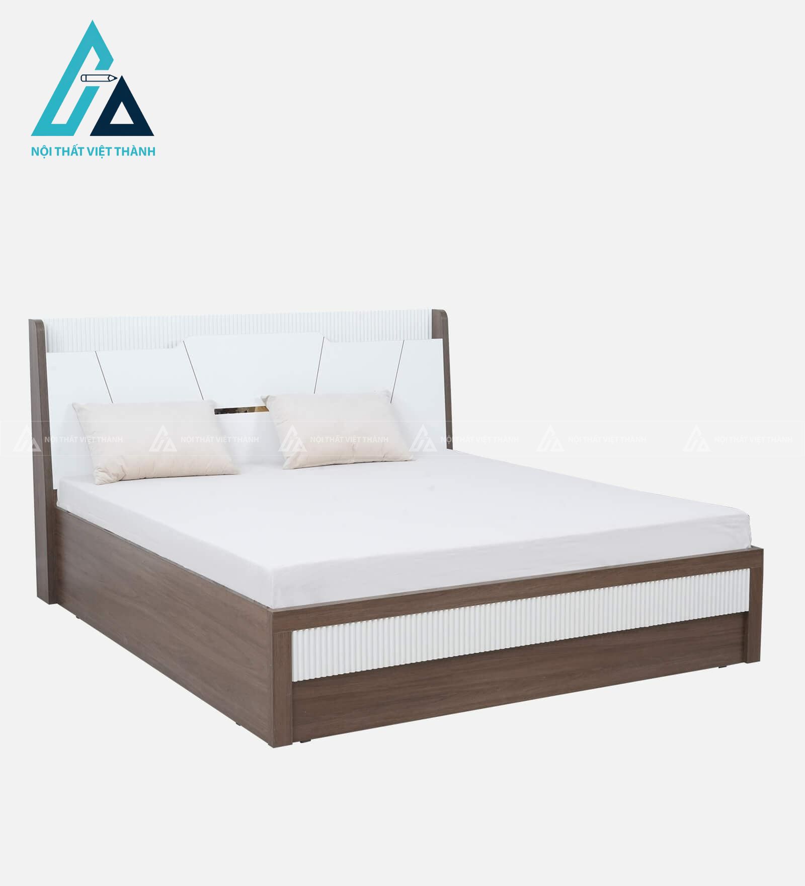 Giường ngủ gỗ công nghiệp trắng kem phối vân gỗ hiện đại có hộc chứa nâng hạ 5
