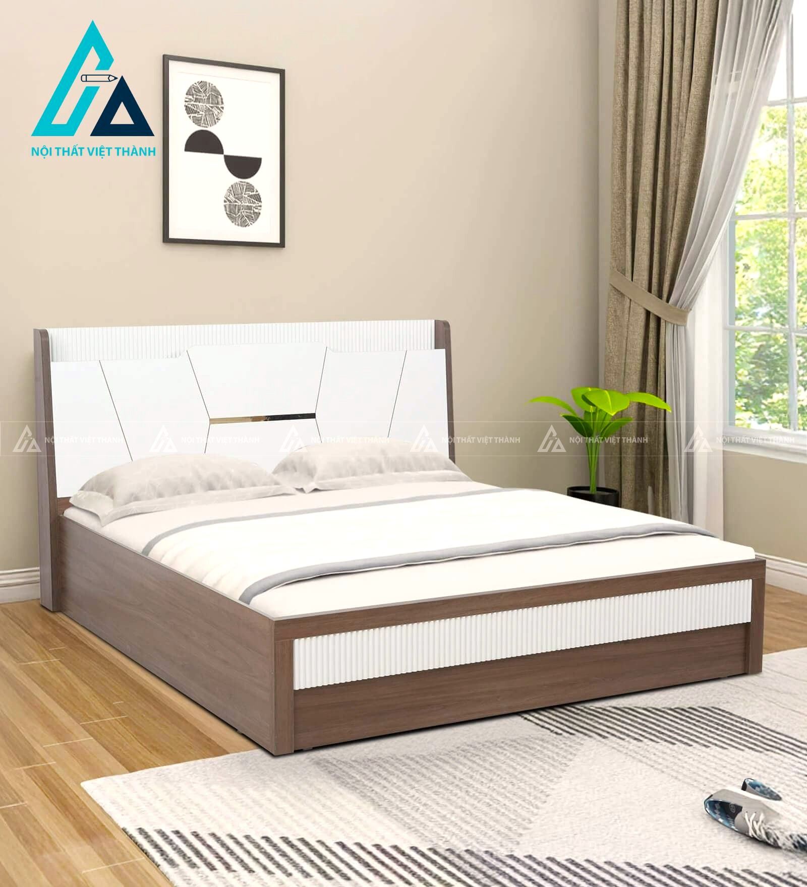 Giường ngủ gỗ công nghiệp trắng kem phối vân gỗ hiện đại có hộc chứa nâng hạ