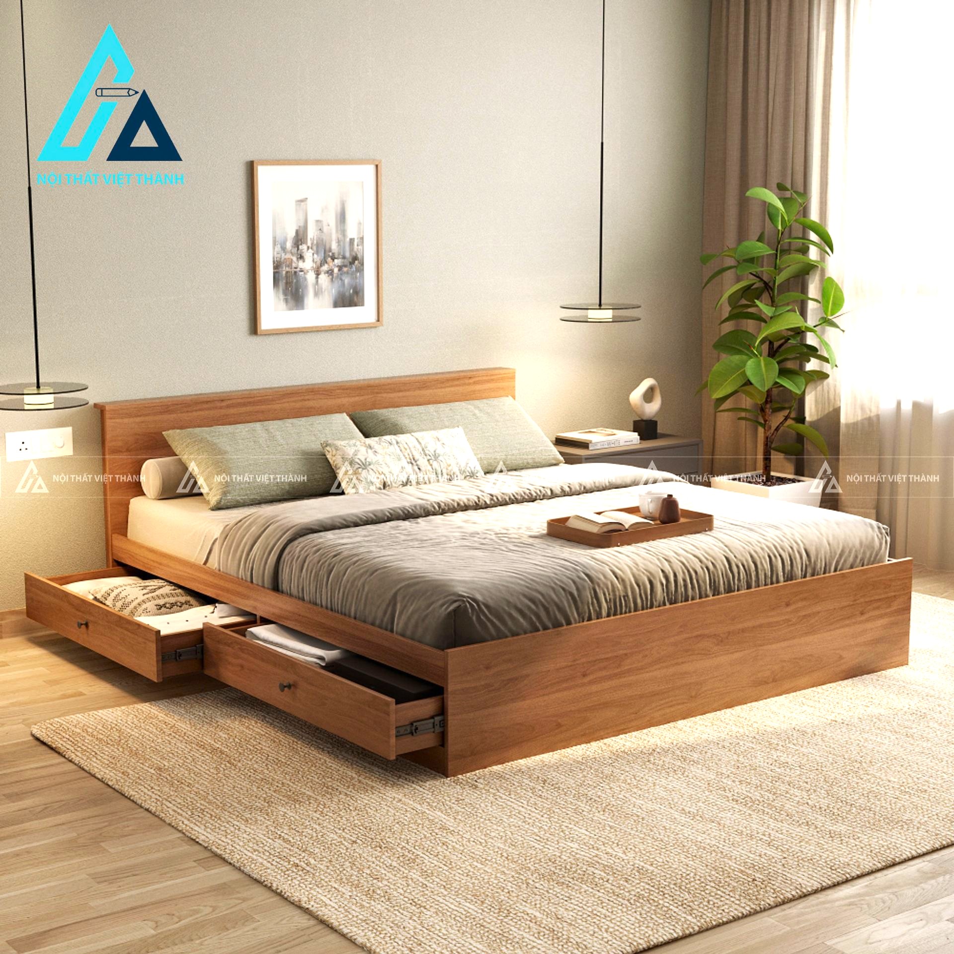 Giường ngủ gỗ công nghiệp vân óc chó hiện đại có hộc kéo lưu trữ tiện lợi