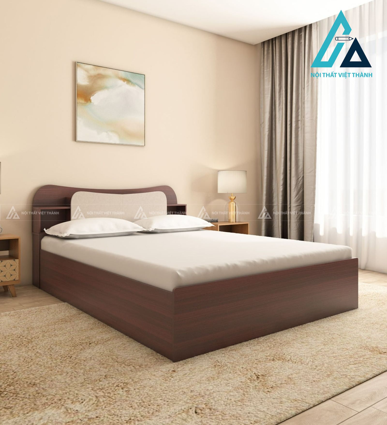 Giường ngủ gỗ công nghiệp vân óc chó tích hợp hộc chứa đa năng hiện đại