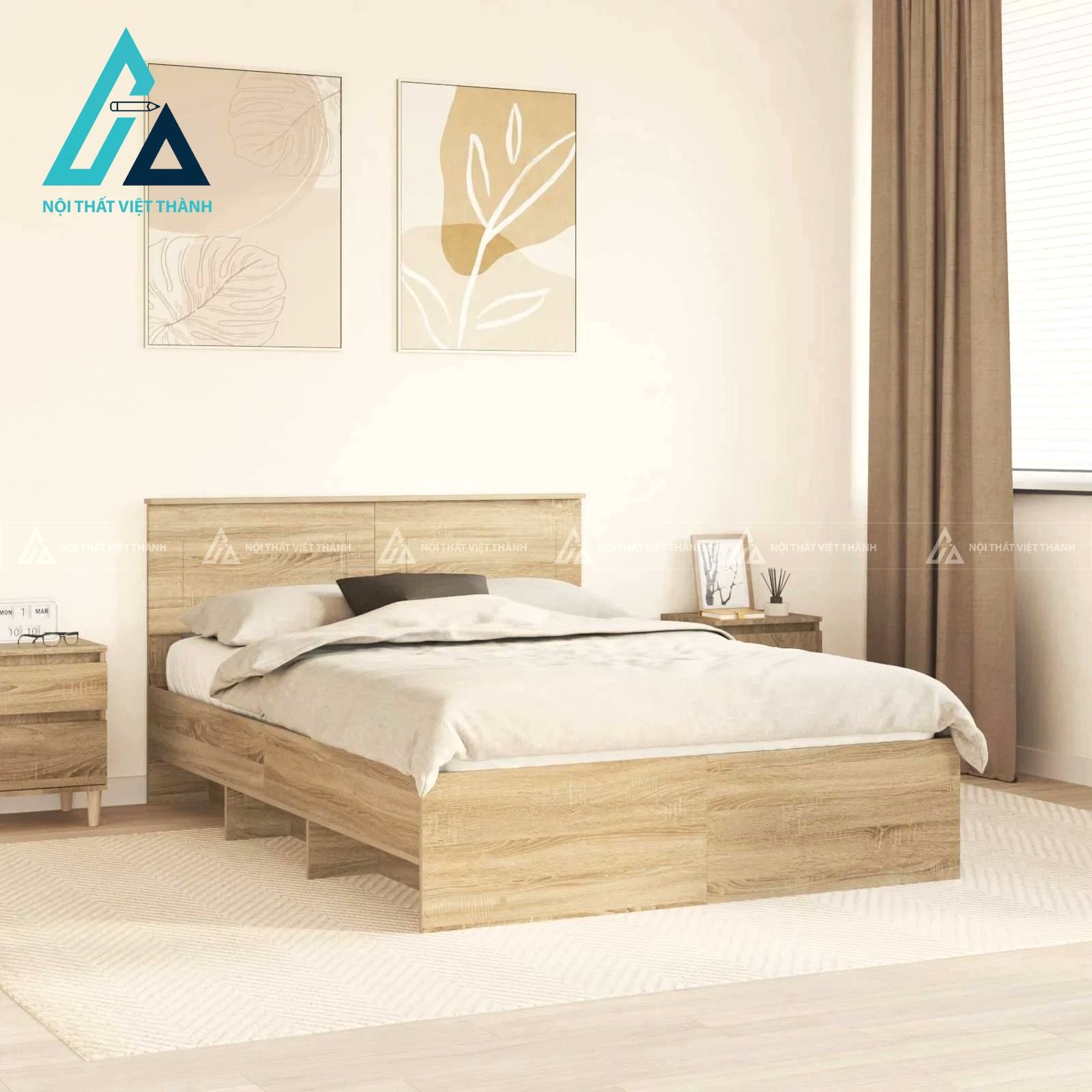 Giường ngủ gỗ công nghiệp vân sồi hiện đại chắc chắn cho phòng ngủ