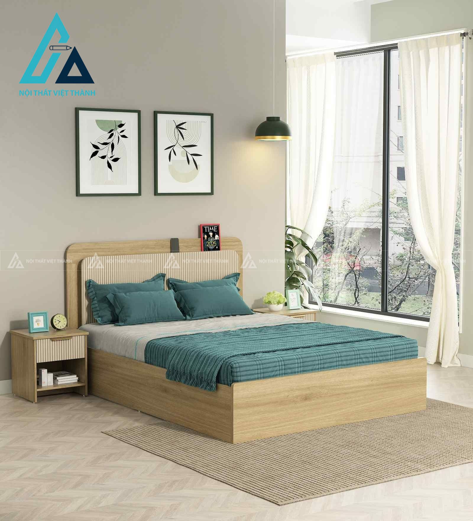 Giường ngủ gỗ công nghiệp vân sồi hiện đại có hộc chứa tối ưu không gian