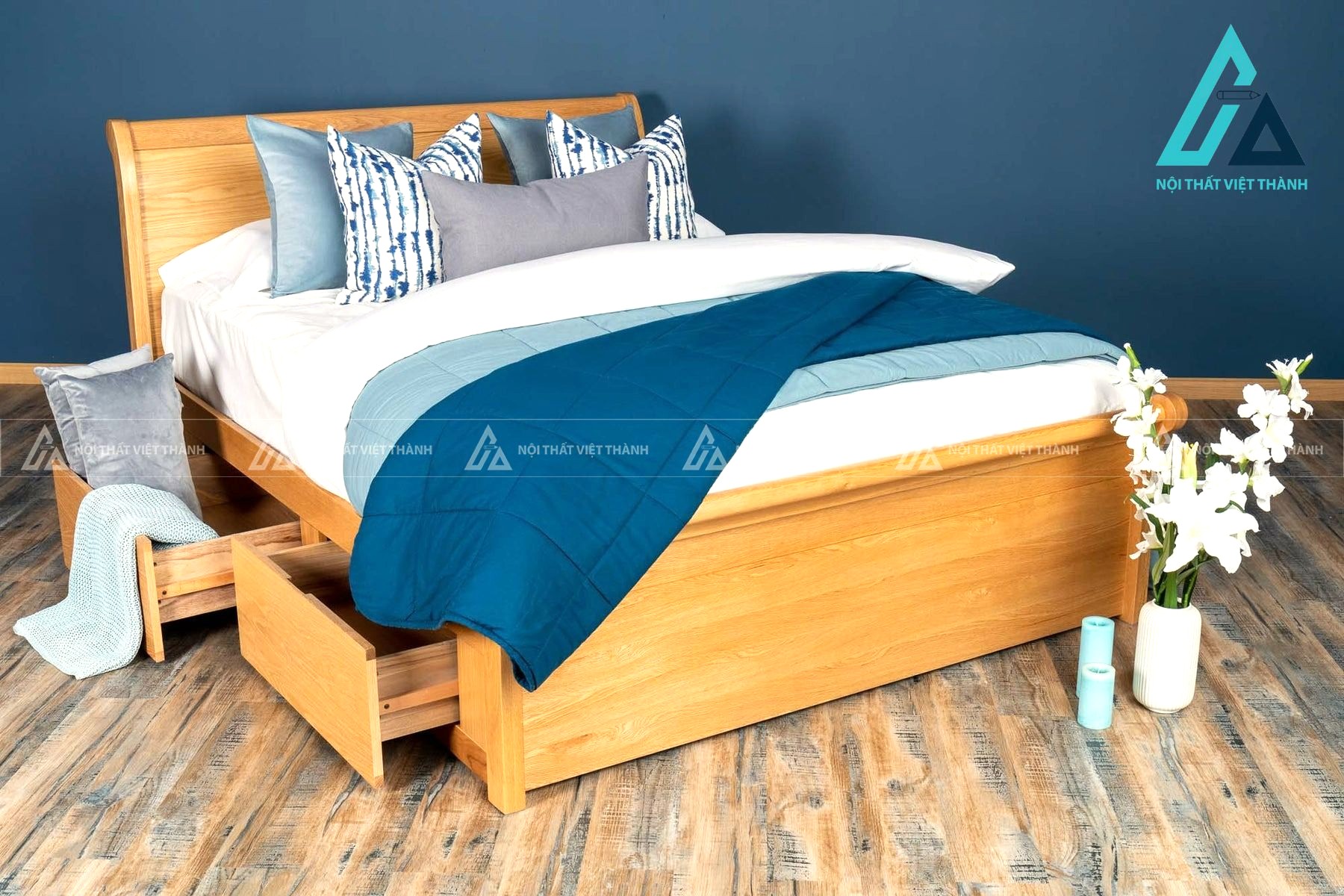 Giường ngủ gỗ sồi tự nhiên cao cấp có ngăn kéo lưu trữ tiện lợi