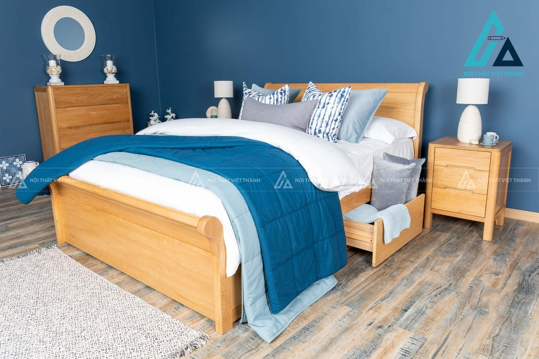 Giường ngủ gỗ sồi tự nhiên cao cấp có ngăn kéo lưu trữ tiện lợi 2