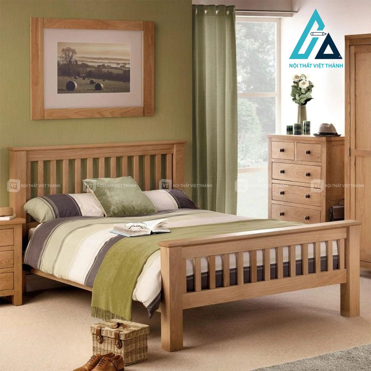 Giường ngủ gỗ sồi tự nhiên chân cao phong cách sang trọng